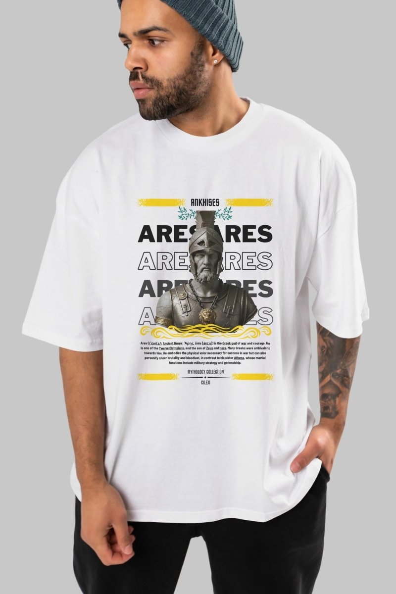 Ares 1 ön Baskılı Oversize t-shirt Erkek Kadın %100 Pamuk Bisiklet Yaka tişort - Cilexi