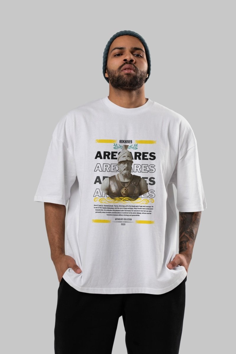 Ares 2 ön Baskılı Oversize t-shirt Erkek Kadın %100 Pamuk Bisiklet Yaka tişort - Cilexi