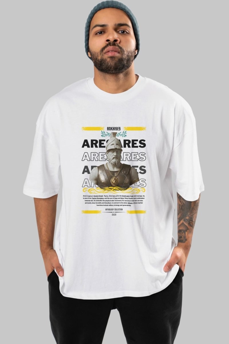Ares 2 ön Baskılı Oversize t-shirt Erkek Kadın %100 Pamuk Bisiklet Yaka tişort - Cilexi