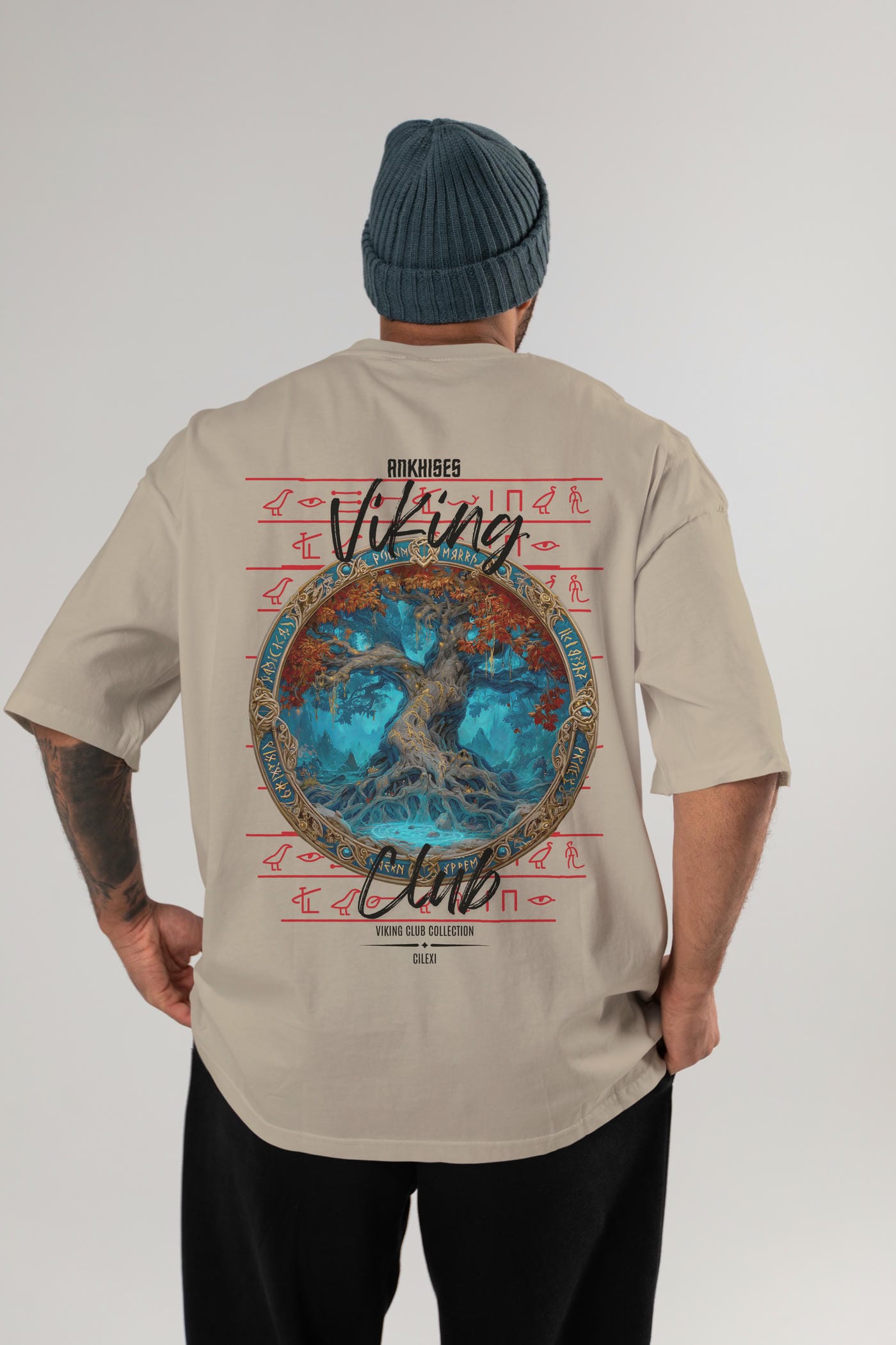 Yggdrasil Arka Baskılı Oversize t-shirt Erkek Kadın %100 Pamuk Bisiklet Yaka tişort