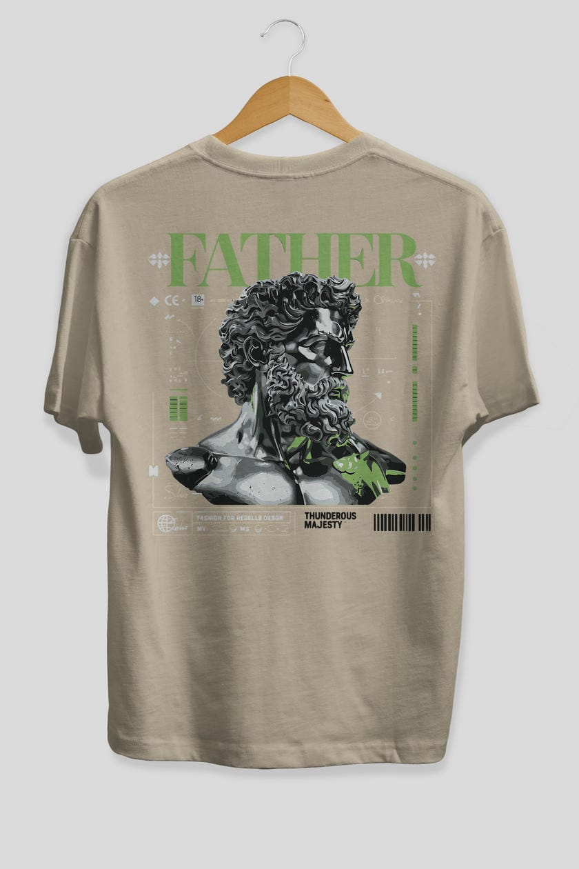 Father Zeus Arka Baskılı Oversize t-shirt Erkek Kadın %100 Pamuk Bisiklet Yaka tişort
