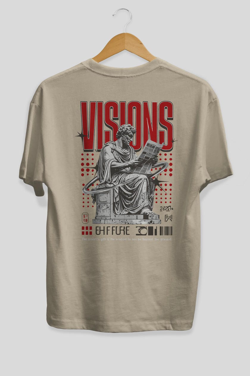 Visions Arka Baskılı Oversize t-shirt Erkek Kadın %100 Pamuk Bisiklet Yaka tişort