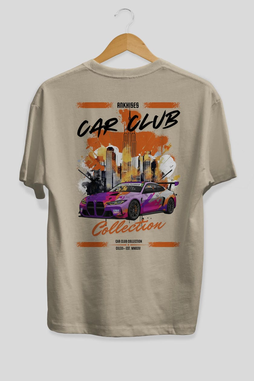 Araba Club Serisi 4 Baskılı Oversize t-shirt Erkek Kadın %100 Pamuk Bisiklet Yaka tişort