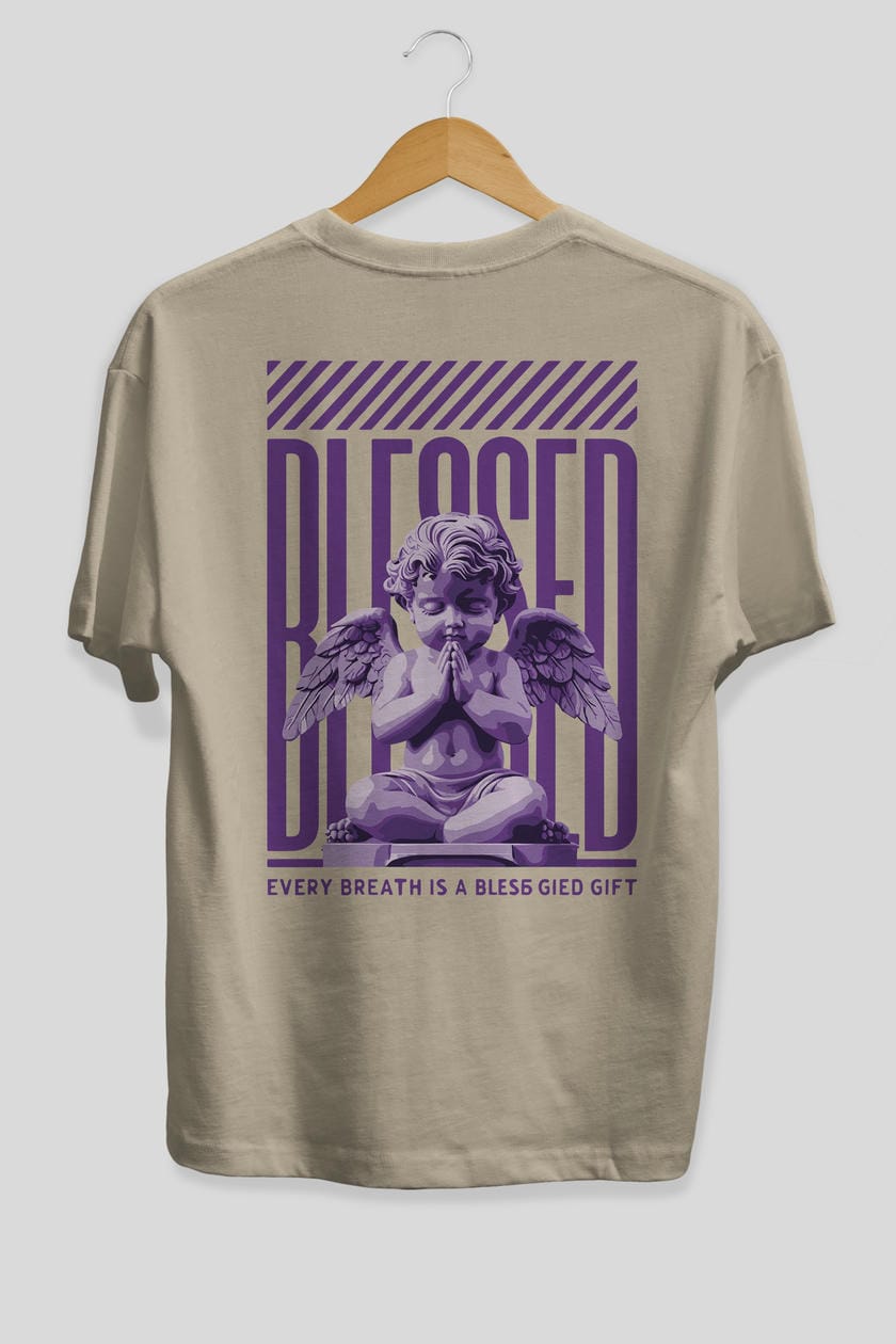 Blessed Arka Baskılı Oversize t-shirt Erkek Kadın %100 Pamuk Bisiklet Yaka tişort