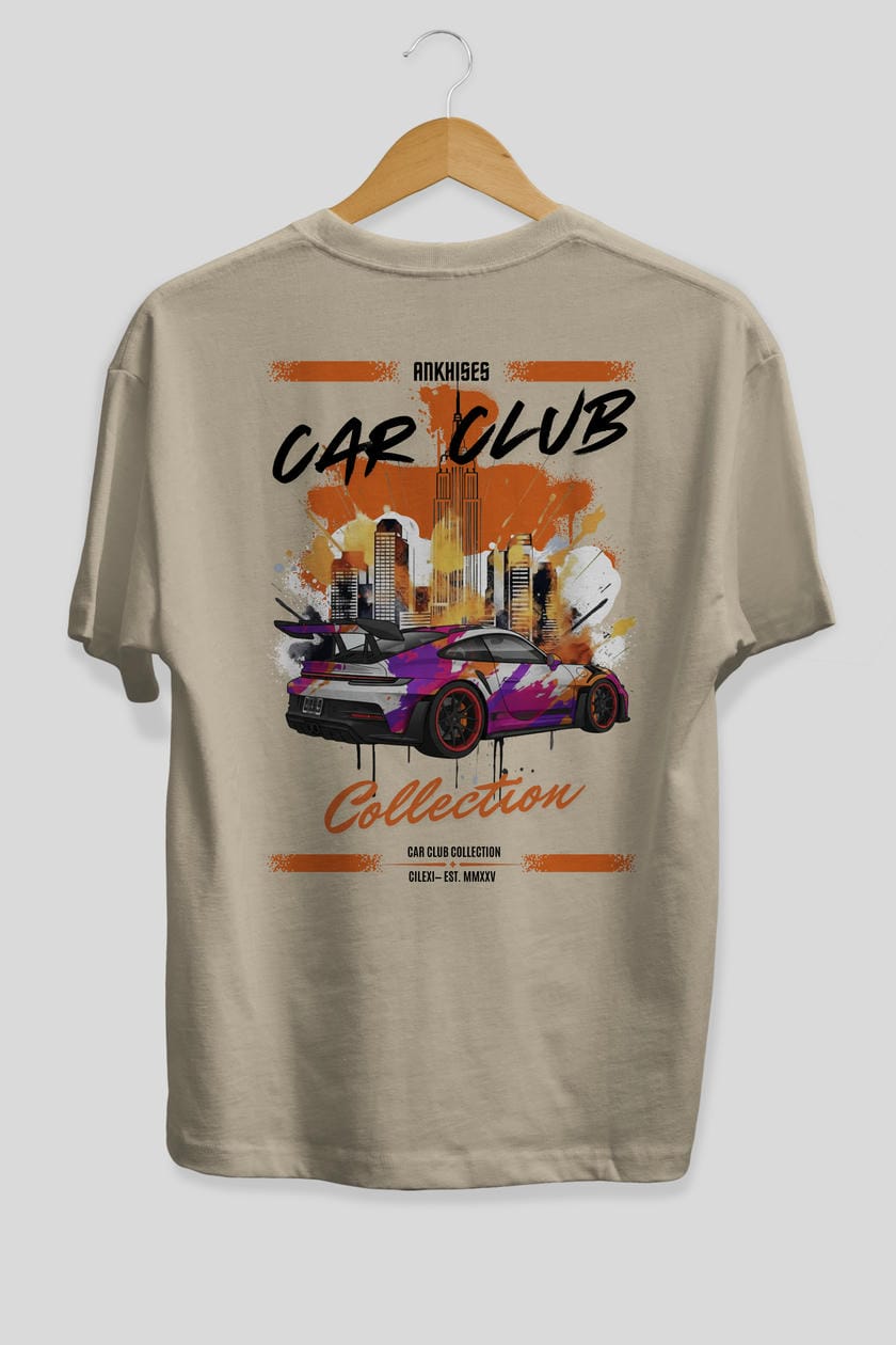 Araba Club Serisi 34 Baskılı Oversize t-shirt Erkek Kadın %100 Pamuk Bisiklet Yaka tişort
