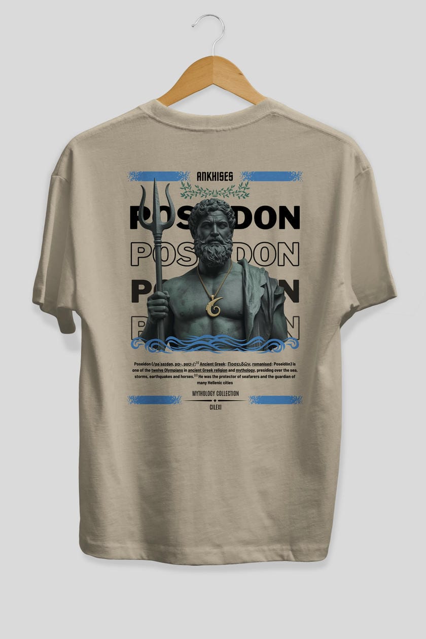 Poseidon 1 Arka Baskılı Oversize t-shirt Erkek Kadın %100 Pamuk Bisiklet Yaka tişort