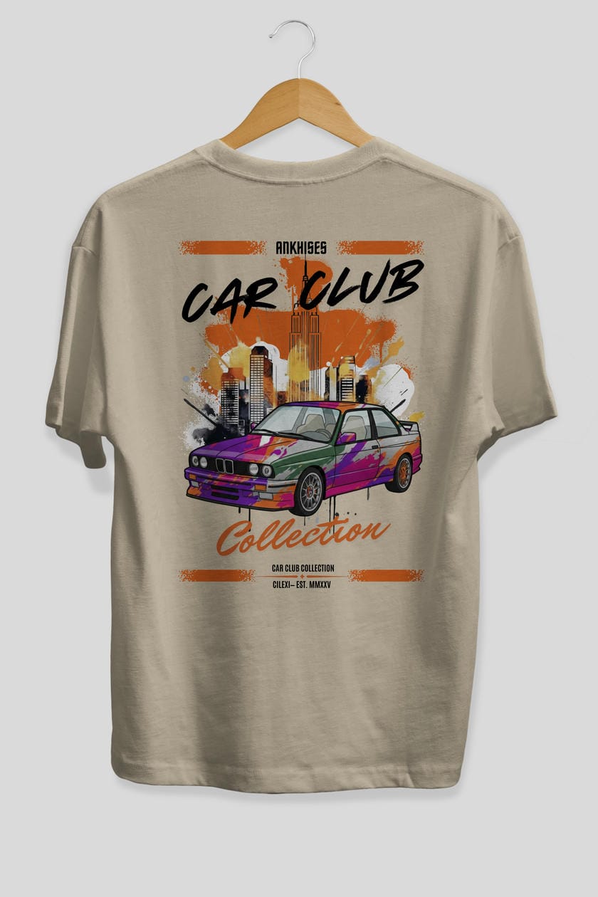 Araba Club Serisi 15 Baskılı Oversize t-shirt Erkek Kadın %100 Pamuk Bisiklet Yaka tişort