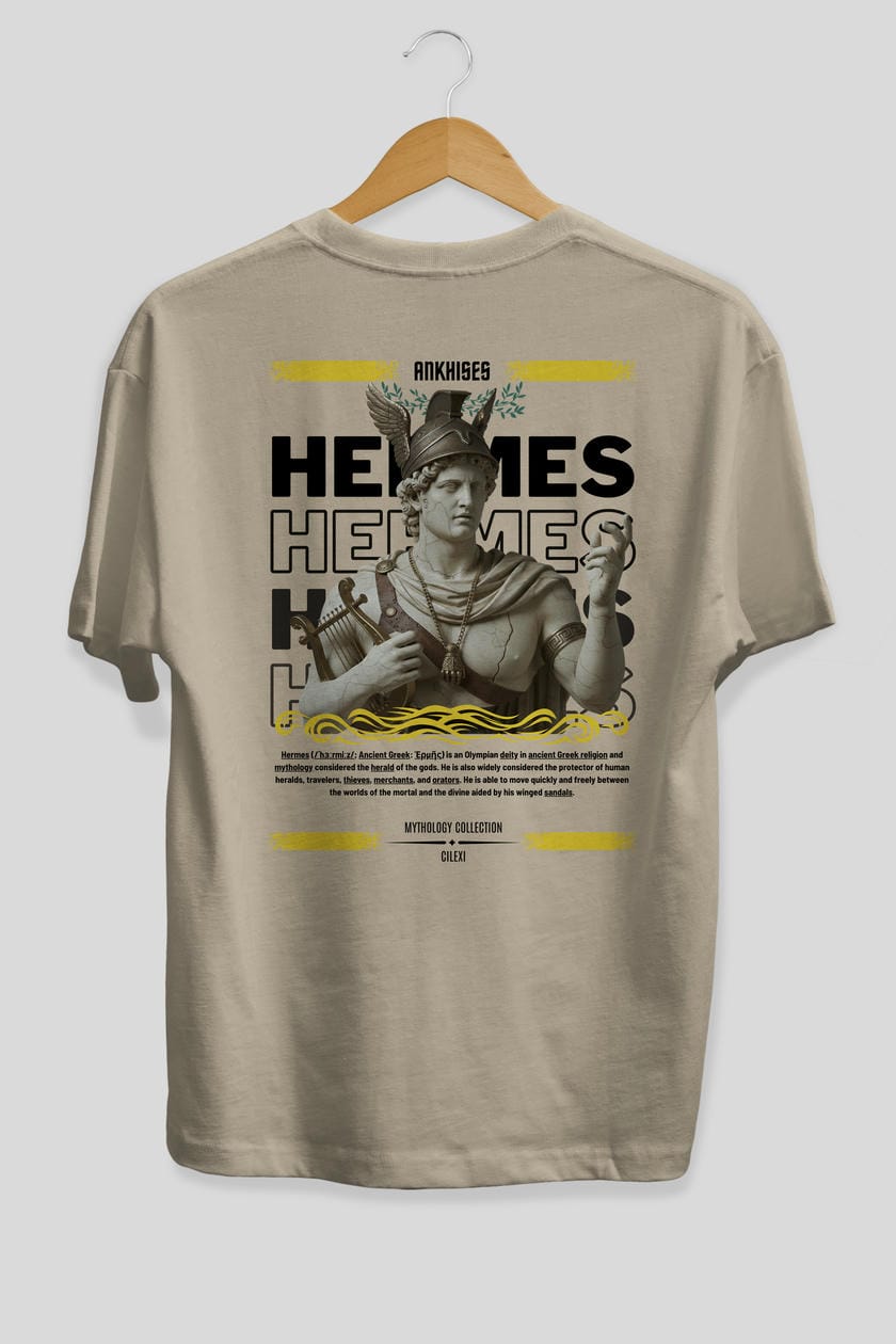 Hermes 2 Arka Baskılı Oversize t-shirt Erkek Kadın %100 Pamuk Bisiklet Yaka tişort