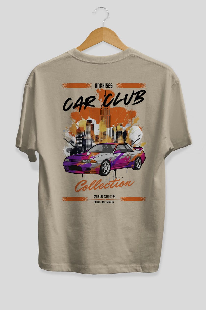 Araba Club Serisi 33 Baskılı Oversize t-shirt Erkek Kadın %100 Pamuk Bisiklet Yaka tişort