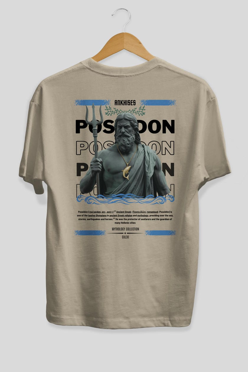 Poseidon 2 Arka Baskılı Oversize t-shirt Erkek Kadın %100 Pamuk Bisiklet Yaka tişort