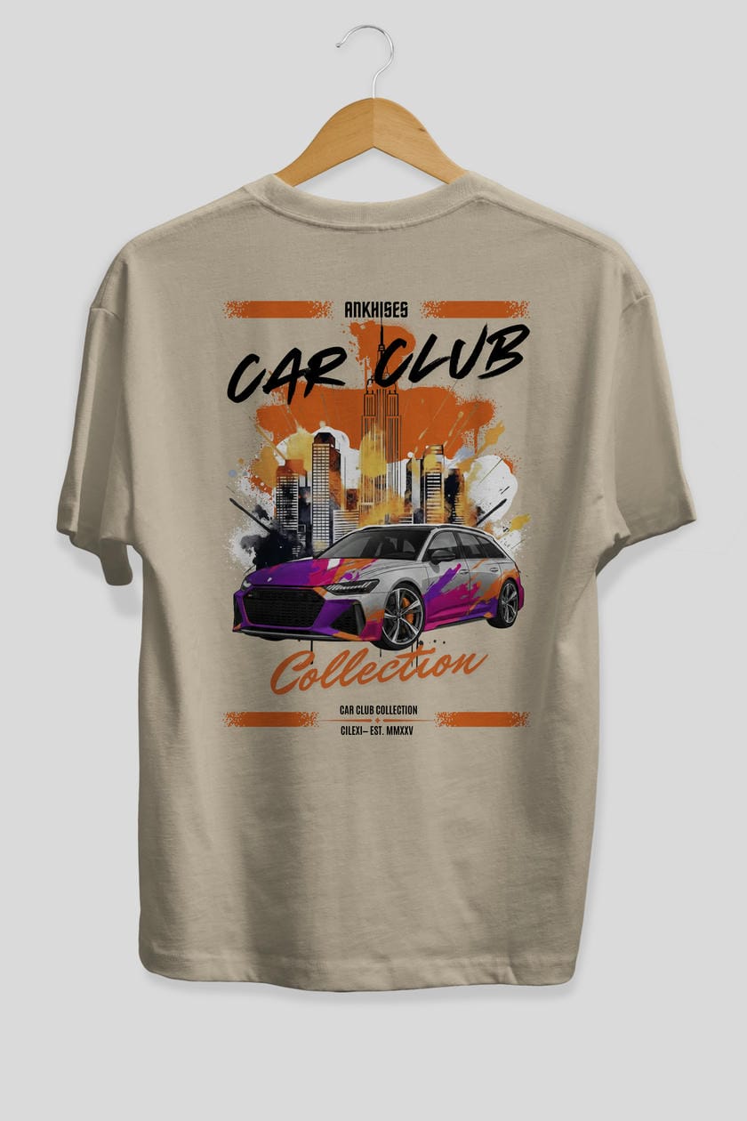 Araba Club Serisi 3 Baskılı Oversize t-shirt Erkek Kadın %100 Pamuk Bisiklet Yaka tişort