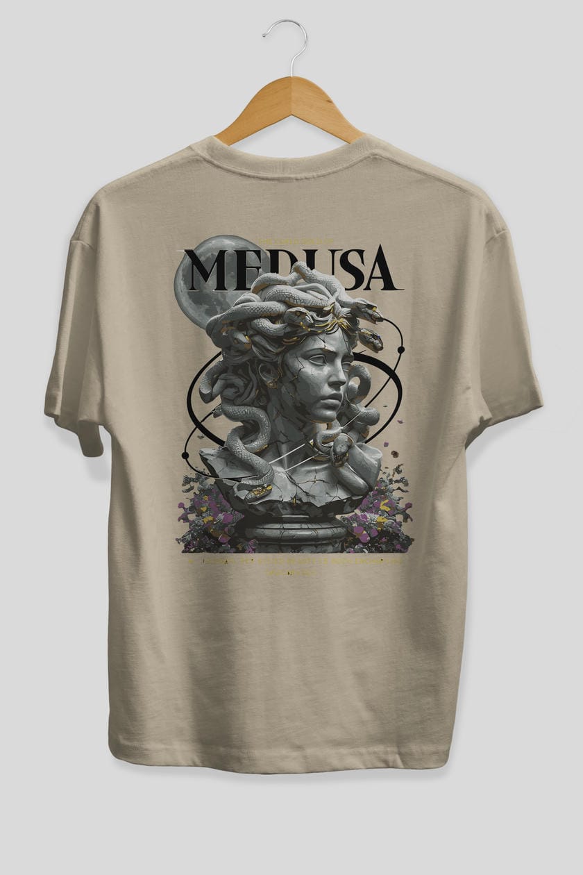 Medusa Arka Baskılı Oversize t-shirt Erkek Kadın %100 Pamuk Bisiklet Yaka tişort