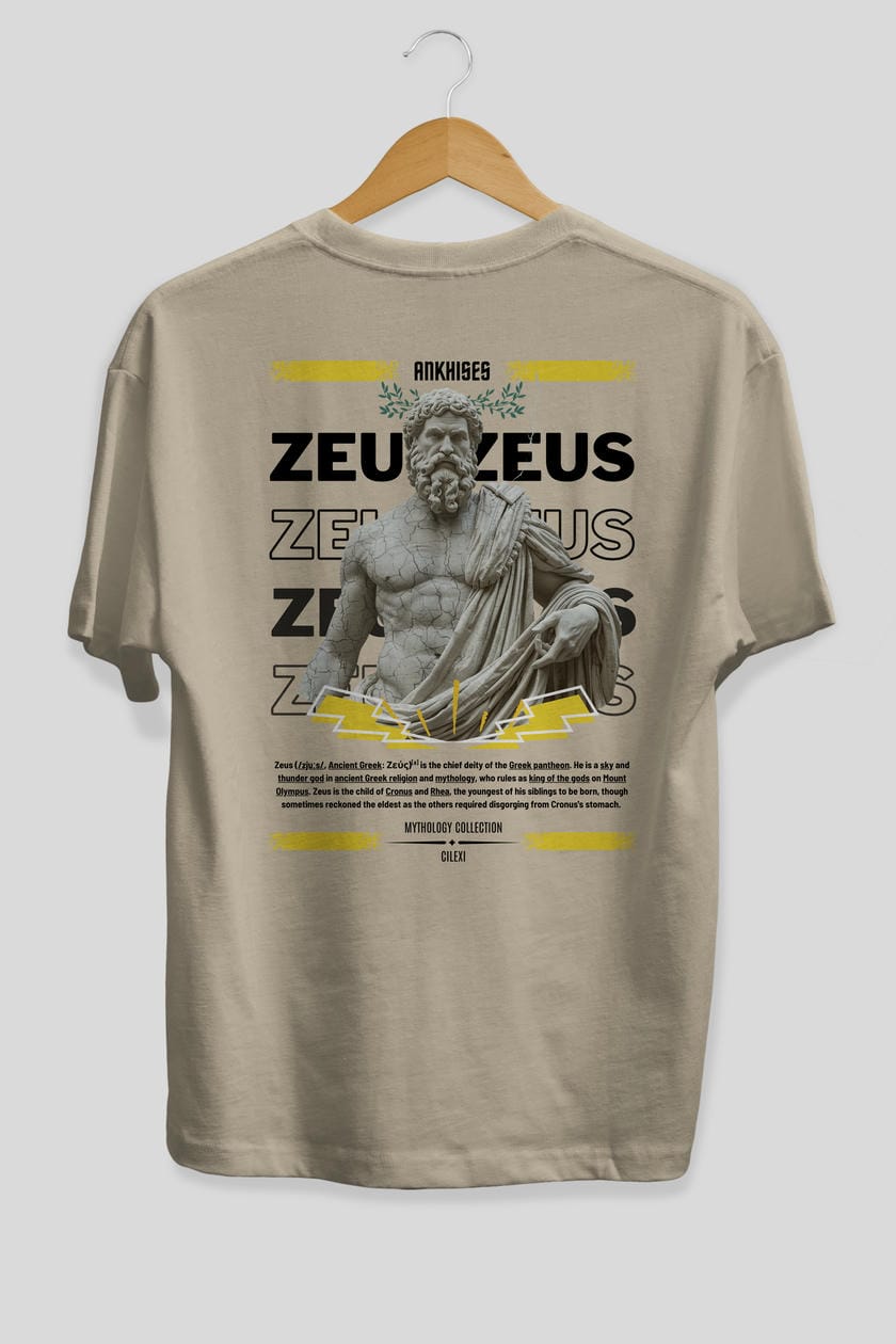 Zeus 1 Arka Baskılı Oversize t-shirt Erkek Kadın %100 Pamuk Bisiklet Yaka tişort