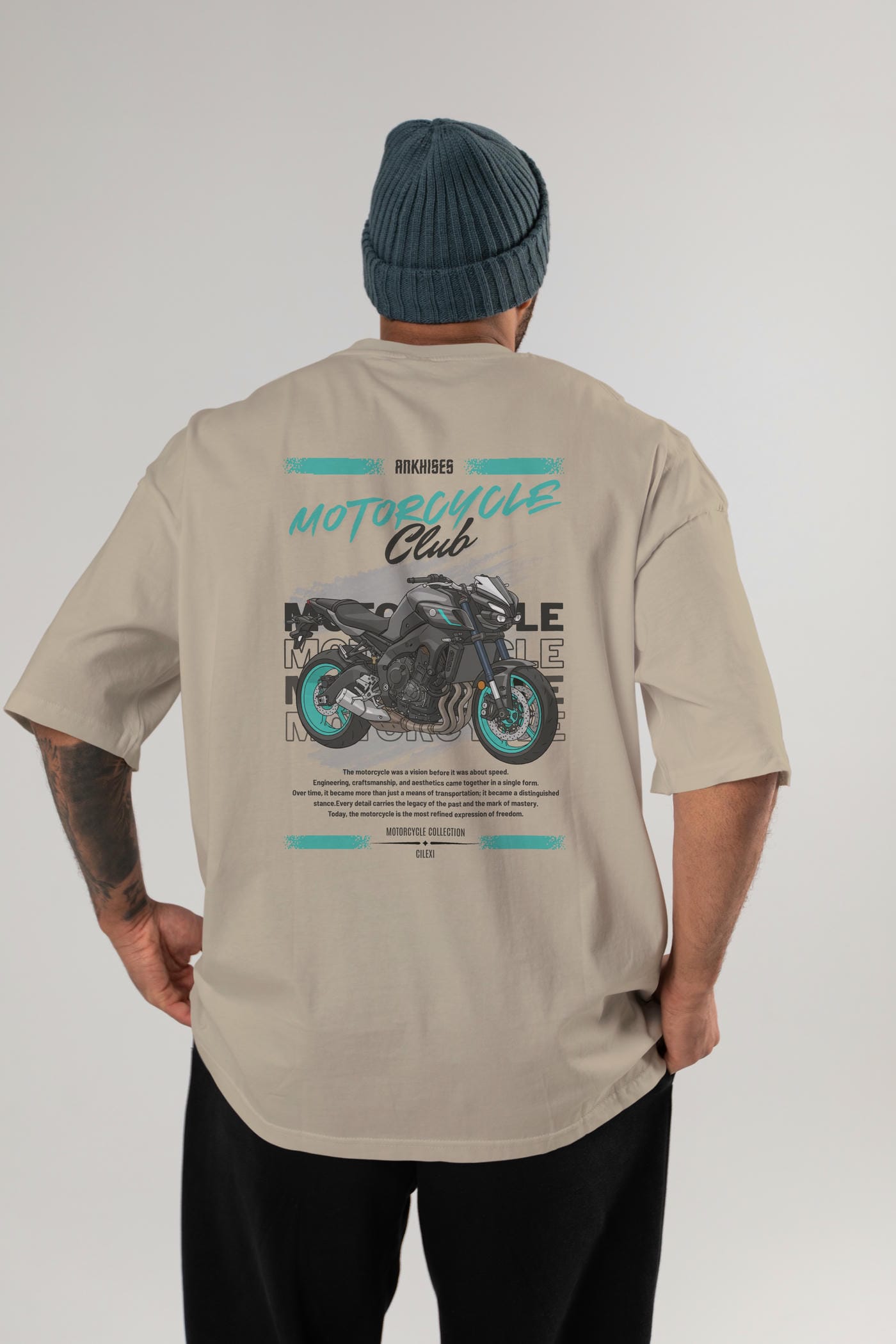Motosiklet Serisi 21 Arka Baskılı Oversize t-shirt Erkek Kadın %100 Pamuk Bisiklet Yaka tişort