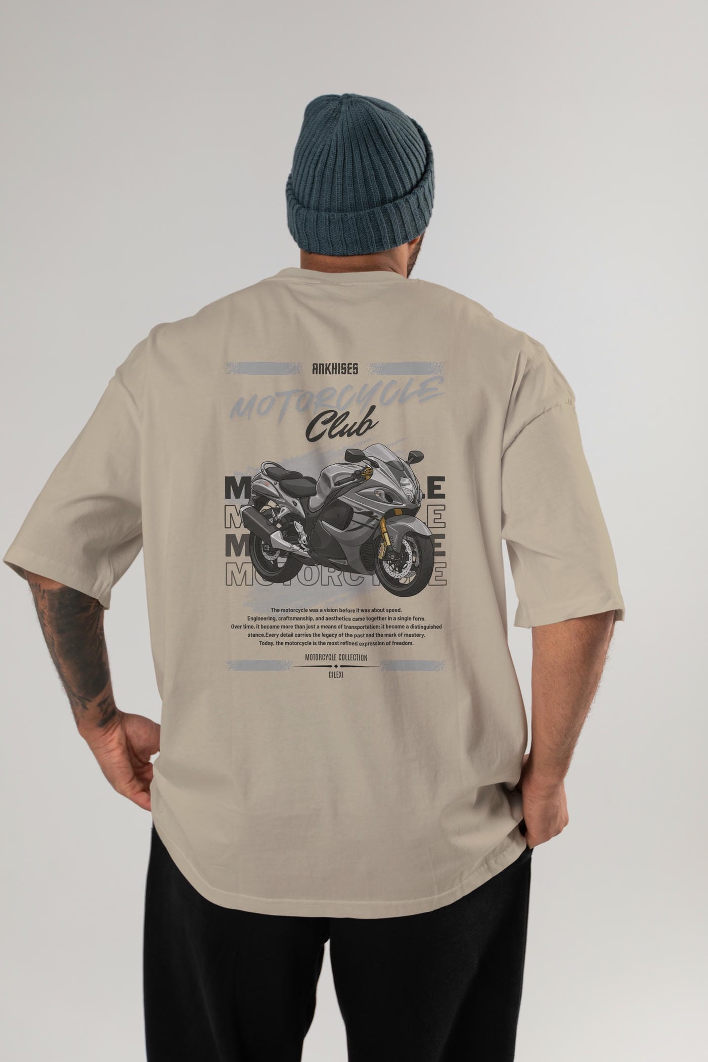 Motosiklet Serisi 9 Arka Baskılı Oversize t-shirt Erkek Kadın %100 Pamuk Bisiklet Yaka tişort