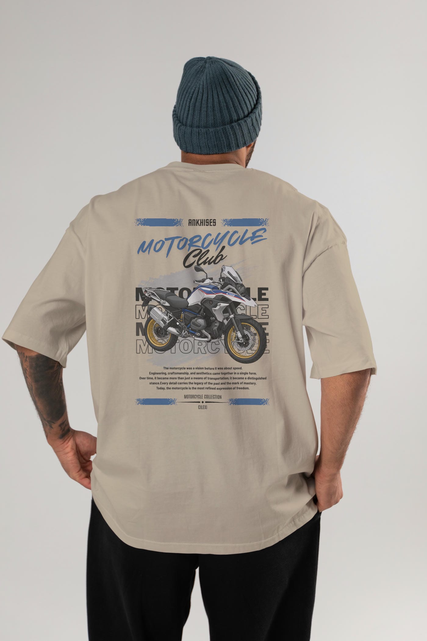 Motosiklet Serisi 27 Arka Baskılı Oversize t-shirt Erkek Kadın %100 Pamuk Bisiklet Yaka tişort