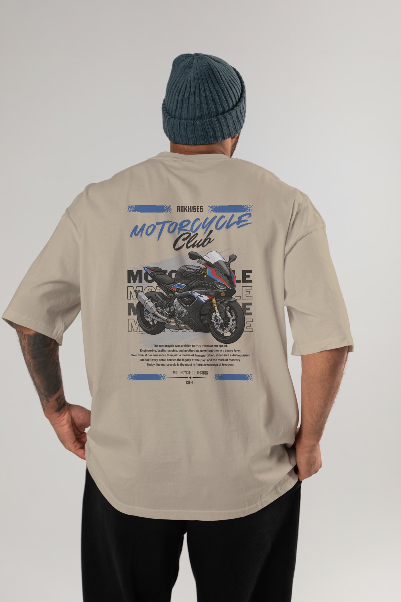 Motosiklet Serisi 2 Arka Baskılı Oversize t-shirt Erkek Kadın %100 Pamuk Bisiklet Yaka tişort