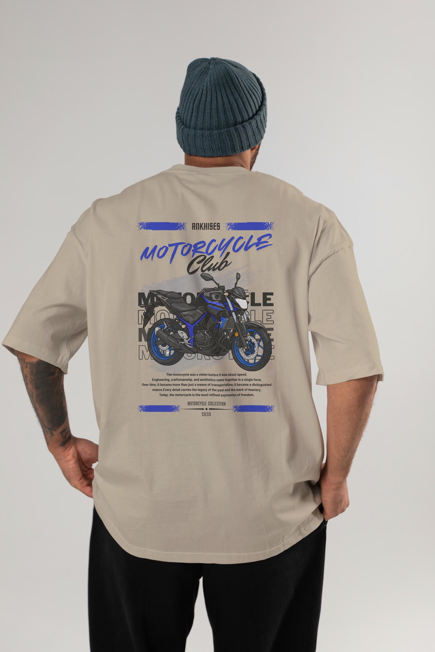 Motosiklet Serisi 22 Arka Baskılı Oversize t-shirt Erkek Kadın %100 Pamuk Bisiklet Yaka tişort