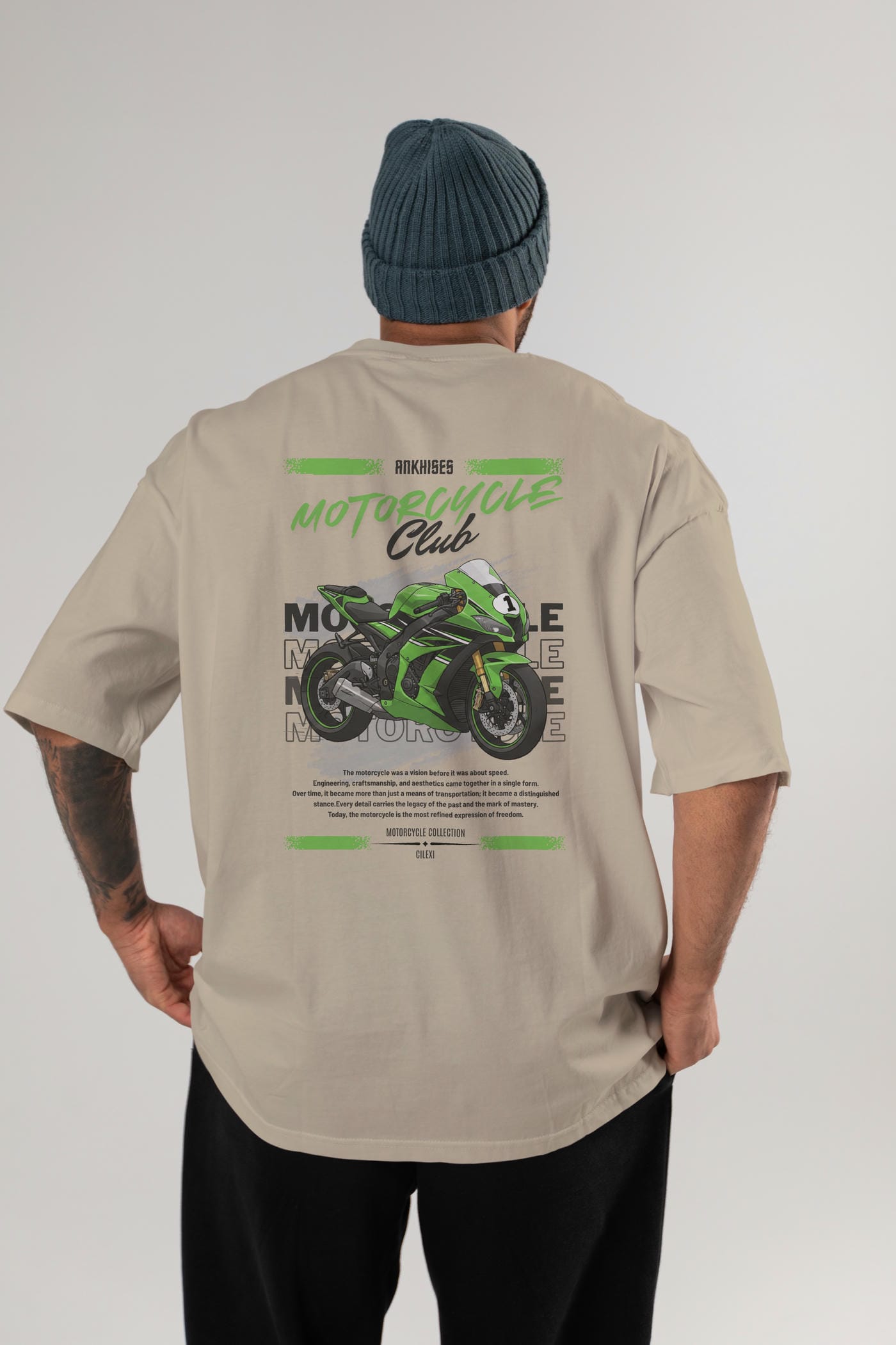 Motosiklet Serisi 6 Arka Baskılı Oversize t-shirt Erkek Kadın %100 Pamuk Bisiklet Yaka tişort