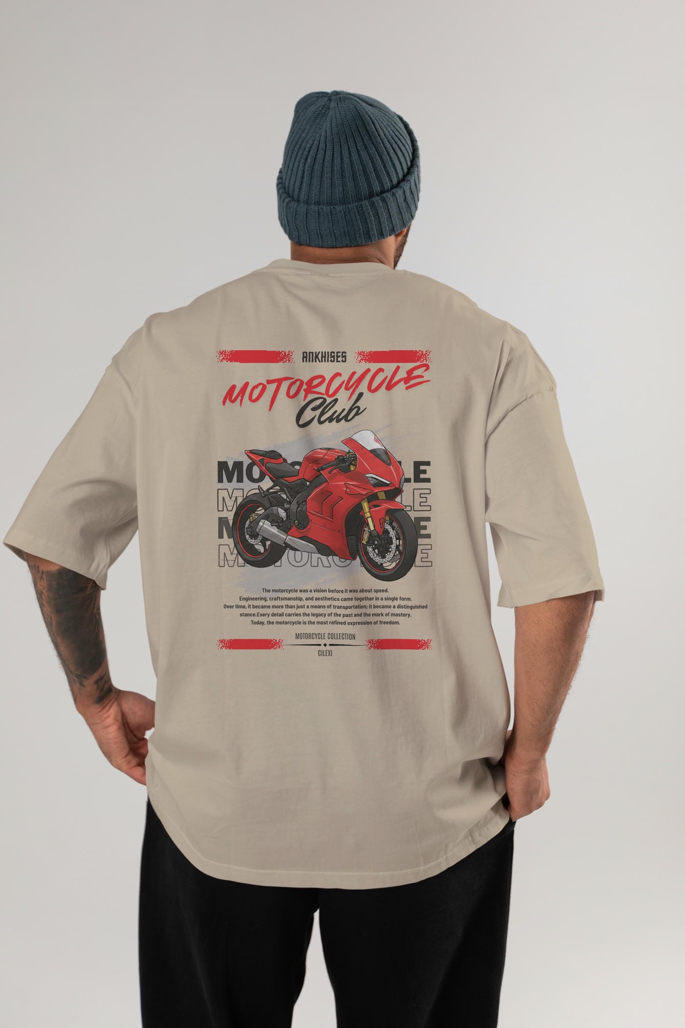 Motosiklet Serisi 7 Arka Baskılı Oversize t-shirt Erkek Kadın %100 Pamuk Bisiklet Yaka tişort