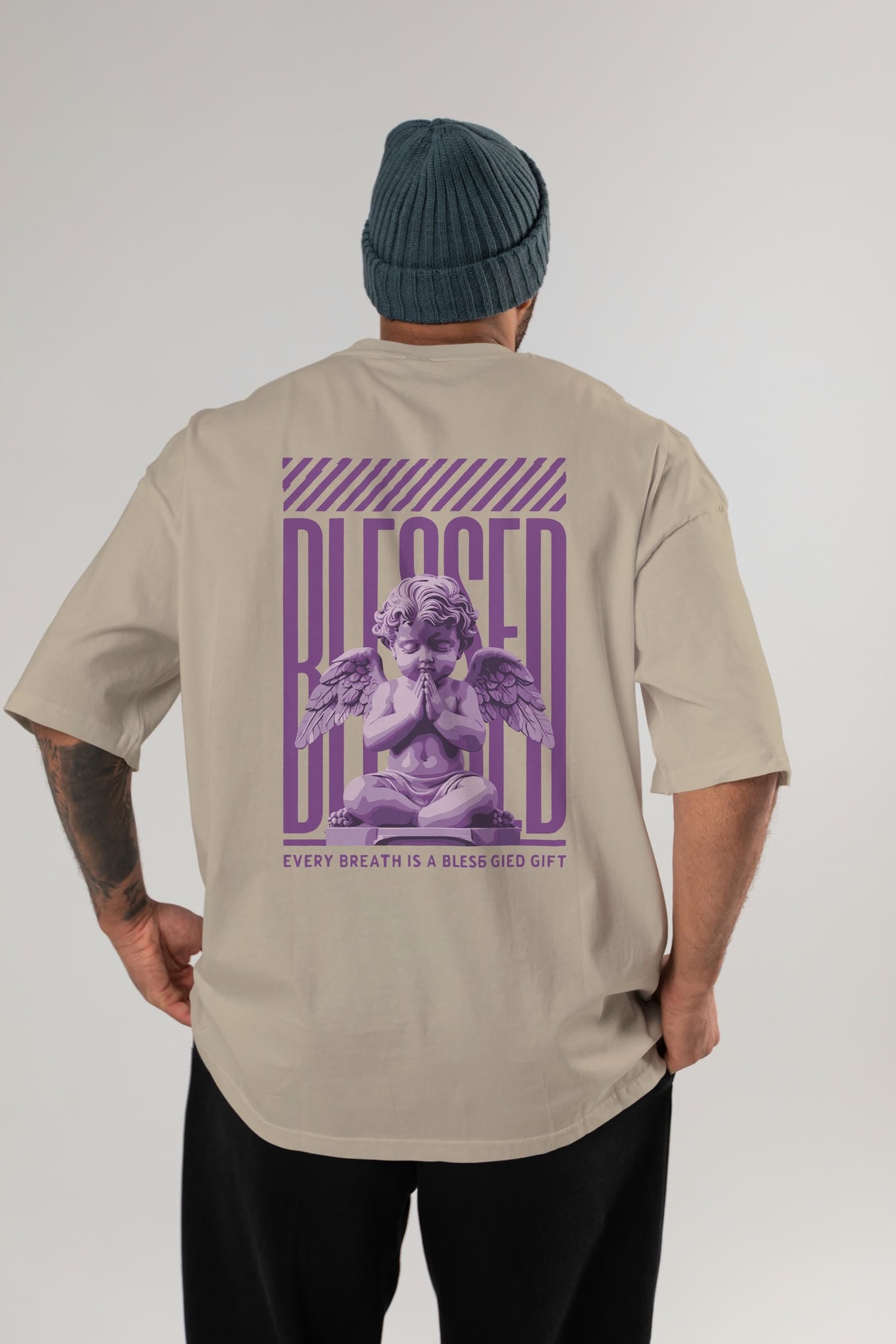 Blessed Arka Baskılı Oversize t-shirt Erkek Kadın %100 Pamuk Bisiklet Yaka tişort