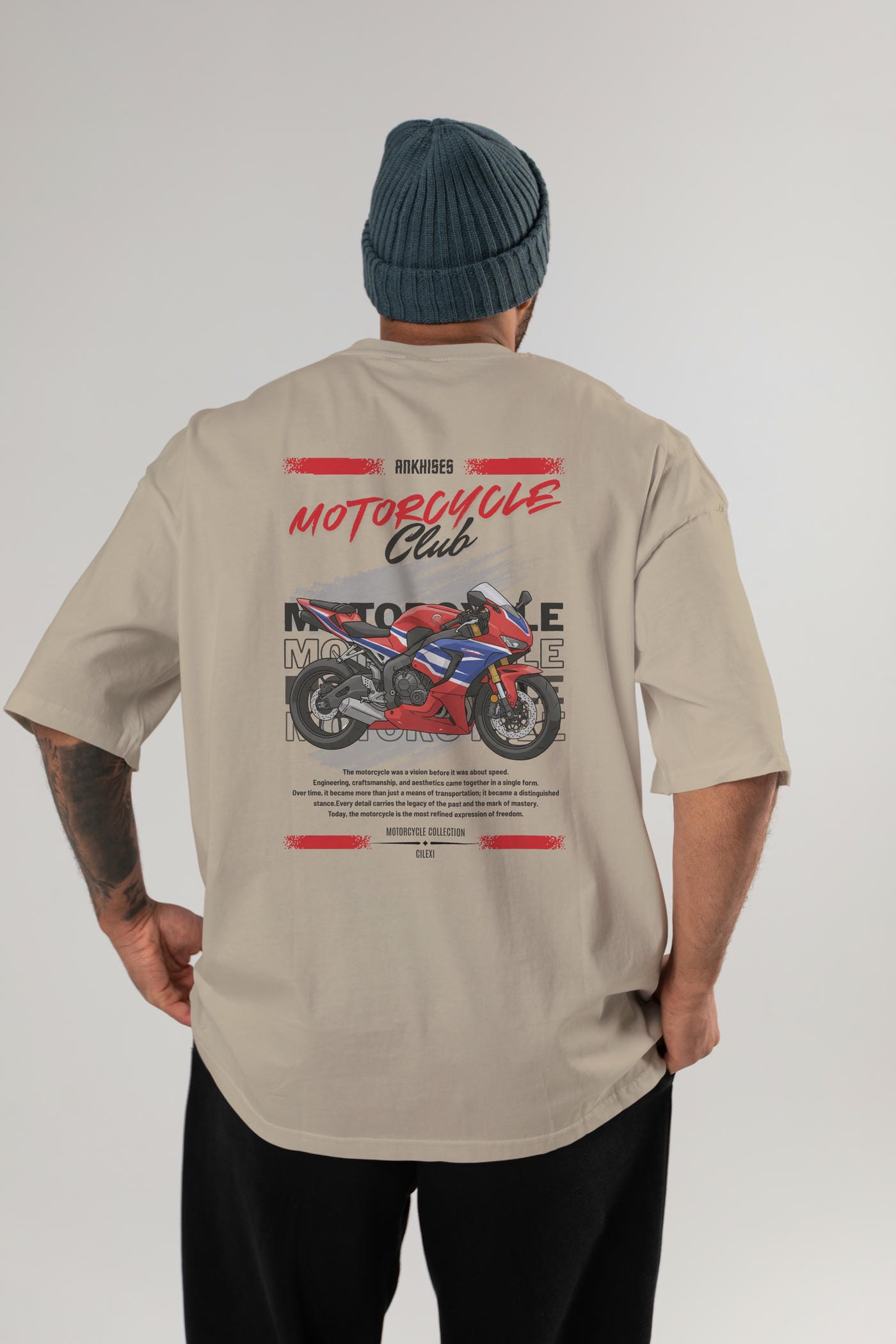 Motosiklet Serisi 25 Arka Baskılı Oversize t-shirt Erkek Kadın %100 Pamuk Bisiklet Yaka tişort