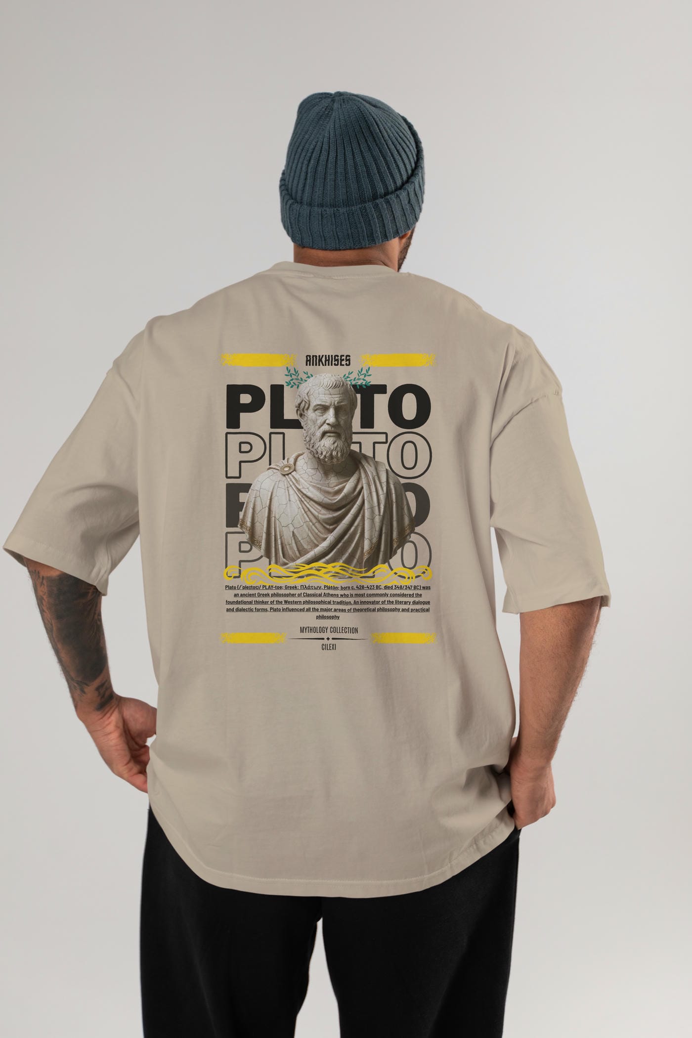 Plato 1 Arka Baskılı Oversize t-shirt Erkek Kadın %100 Pamuk Bisiklet Yaka tişort