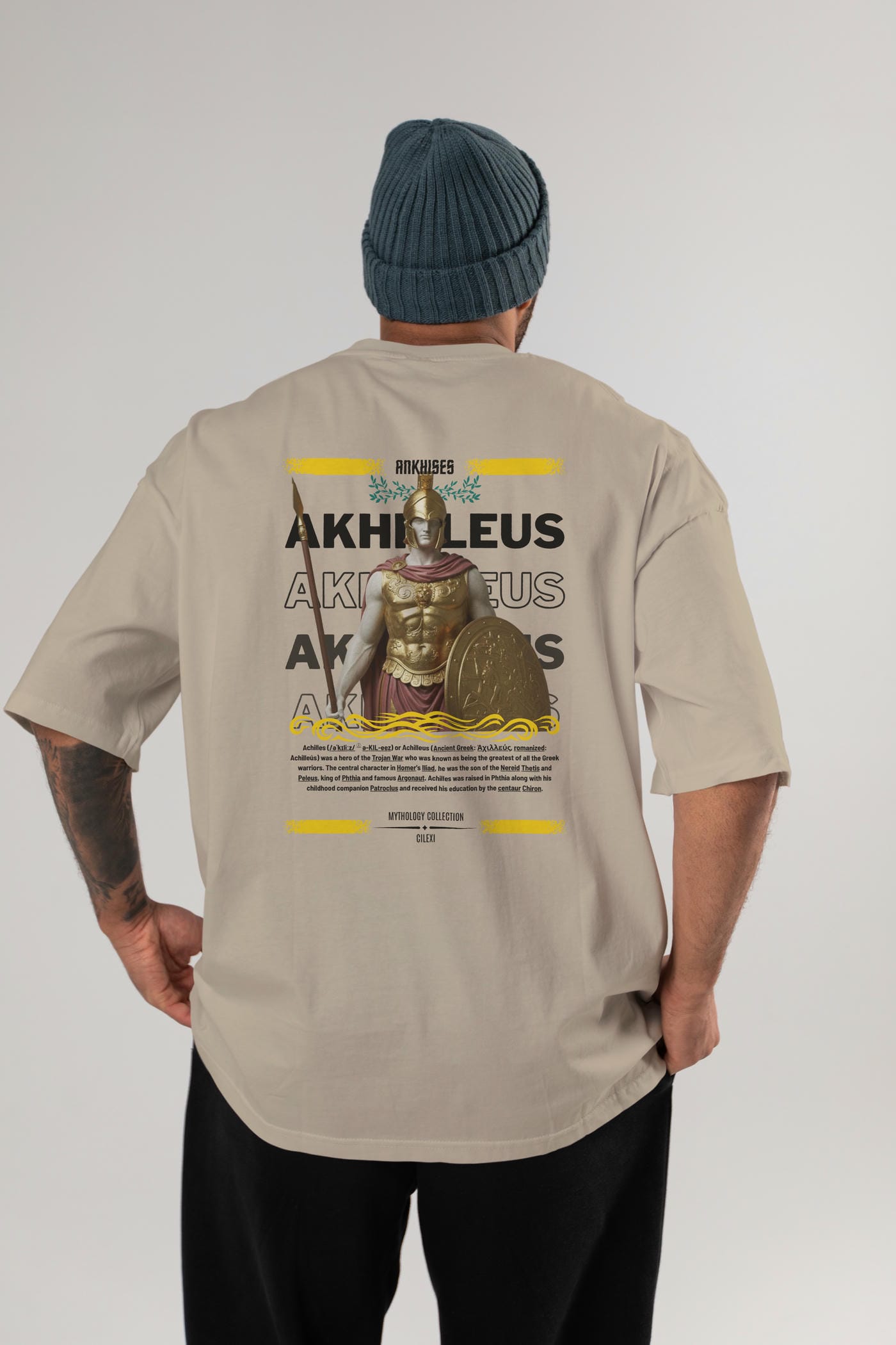 Akhilleus 1 Arka Baskılı Oversize t-shirt Erkek Kadın %100 Pamuk Bisiklet Yaka tişort