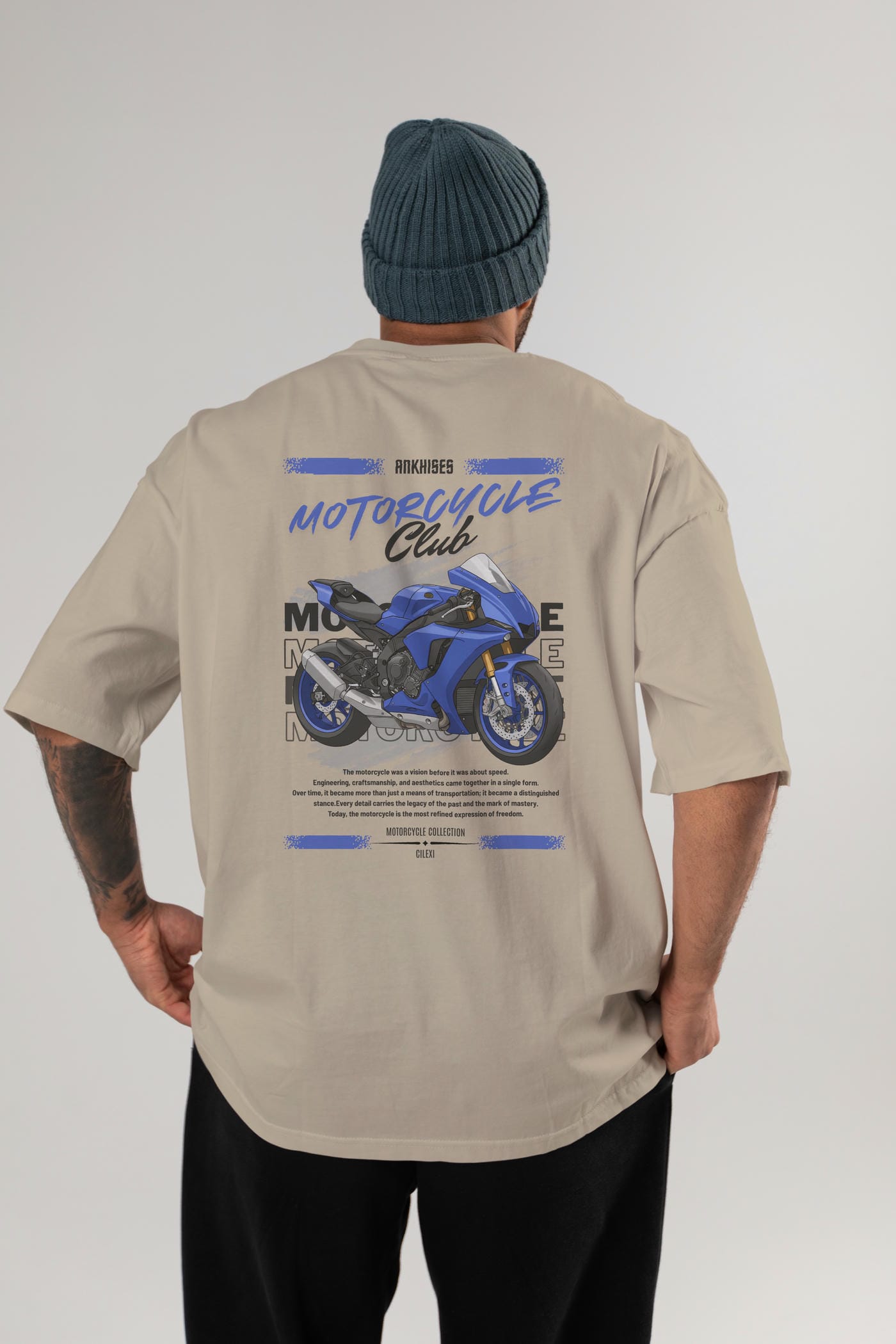Motosiklet Serisi 31 Arka Baskılı Oversize t-shirt Erkek Kadın %100 Pamuk Bisiklet Yaka tişort