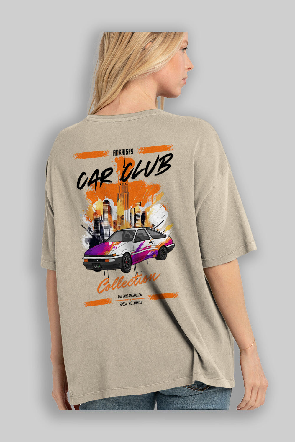 Araba Club Serisi 37 Baskılı Oversize t-shirt Erkek Kadın %100 Pamuk Bisiklet Yaka tişort
