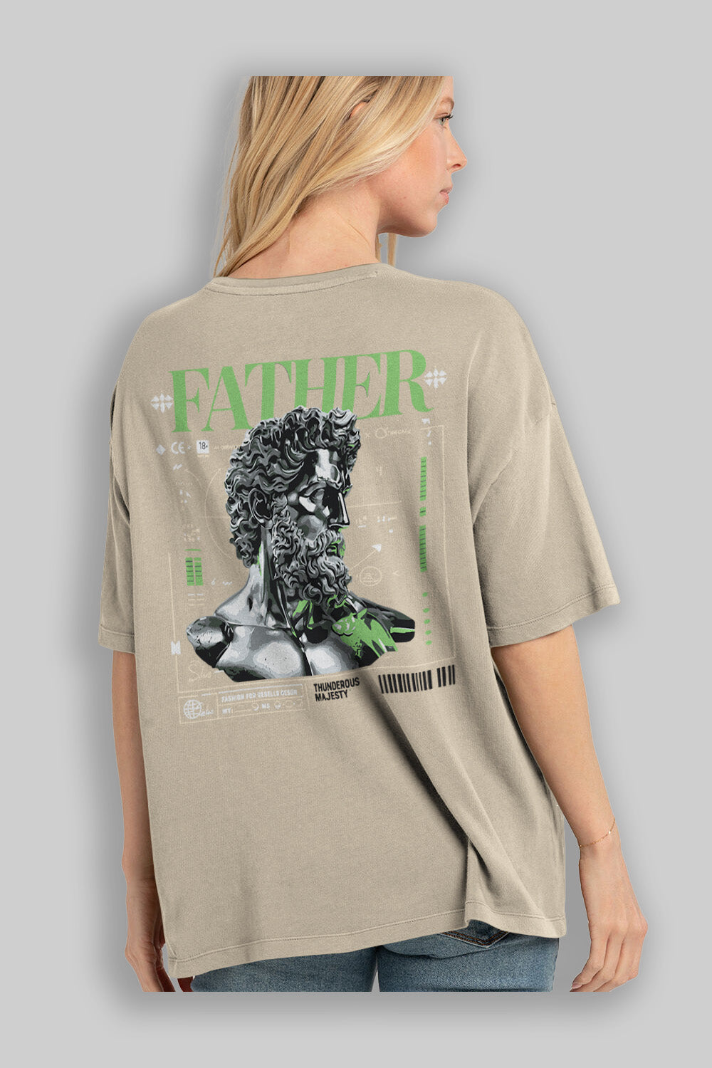 Father Zeus Arka Baskılı Oversize t-shirt Erkek Kadın %100 Pamuk Bisiklet Yaka tişort