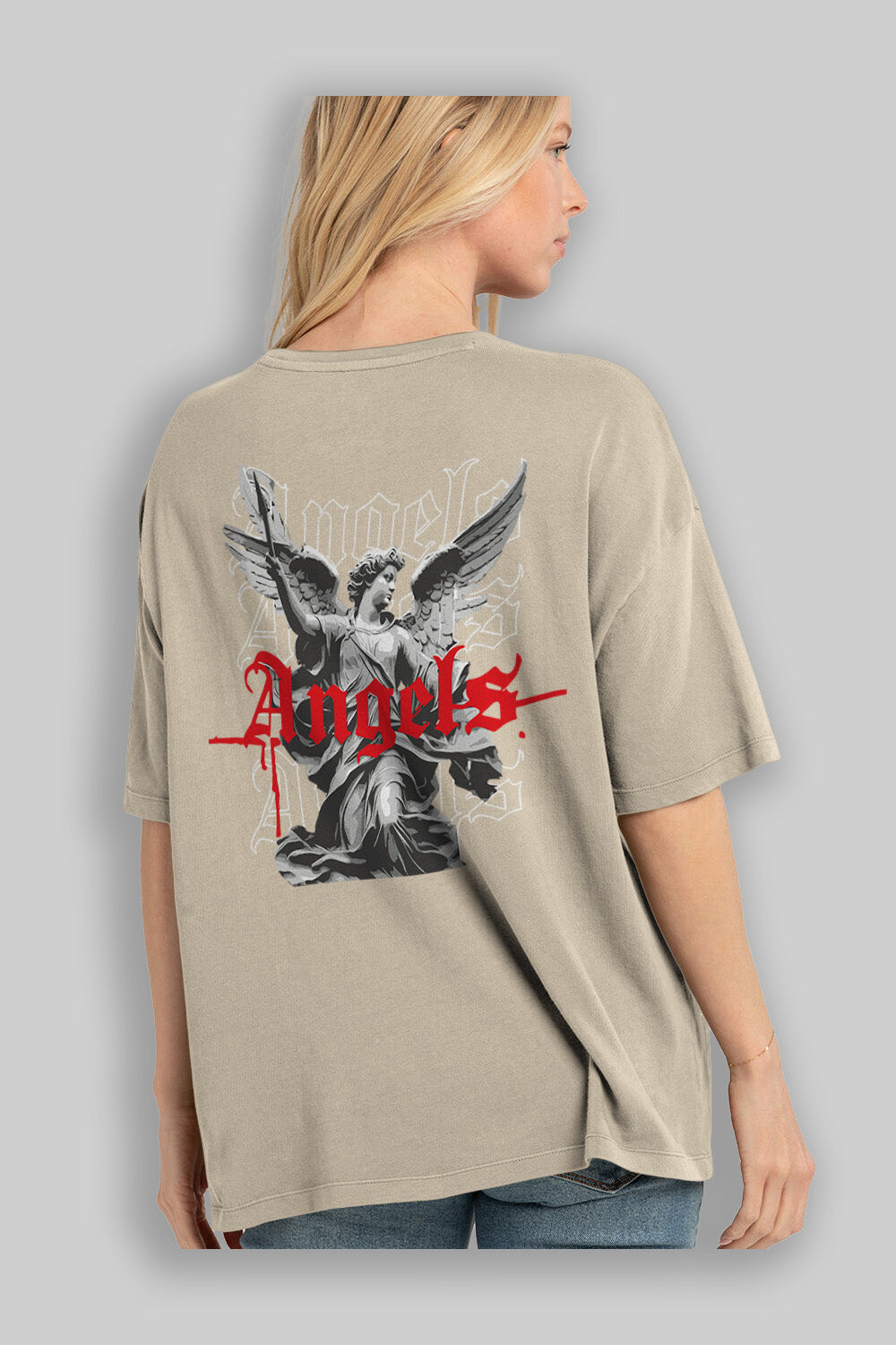 Angels Arka Baskılı Oversize t-shirt Erkek Kadın %100 Pamuk Bisiklet Yaka tişort