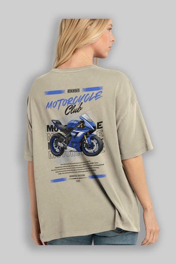 Motosiklet Serisi 32 Arka Baskılı Oversize t-shirt Erkek Kadın %100 Pamuk Bisiklet Yaka tişort