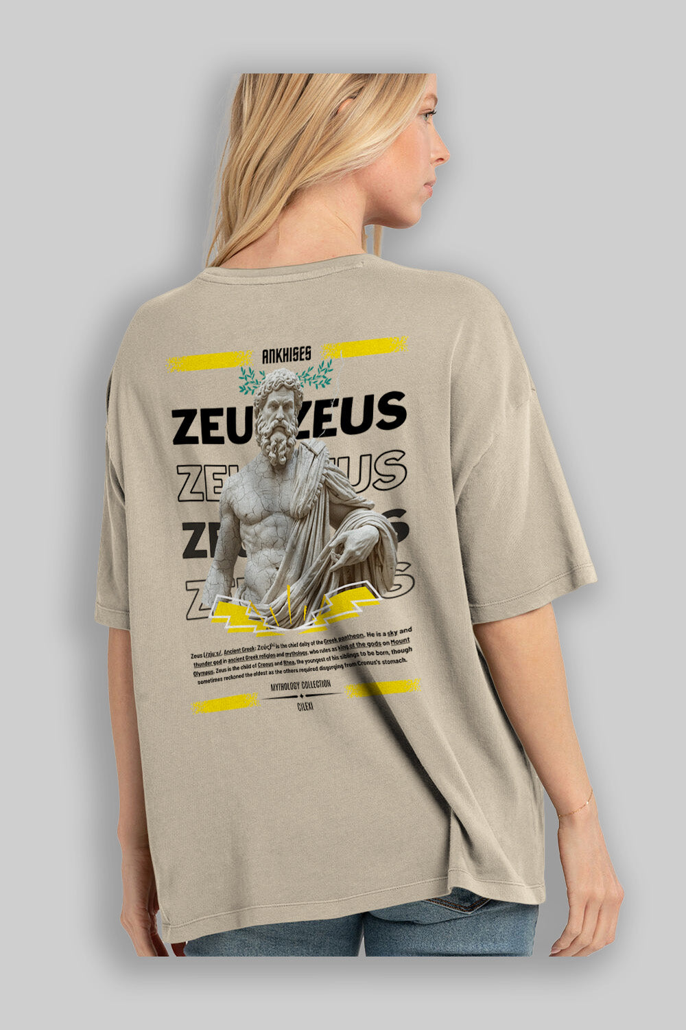 Zeus 1 Arka Baskılı Oversize t-shirt Erkek Kadın %100 Pamuk Bisiklet Yaka tişort
