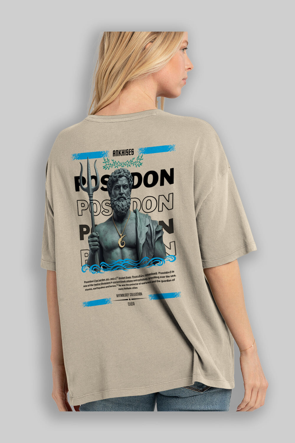 Poseidon 1 Arka Baskılı Oversize t-shirt Erkek Kadın %100 Pamuk Bisiklet Yaka tişort