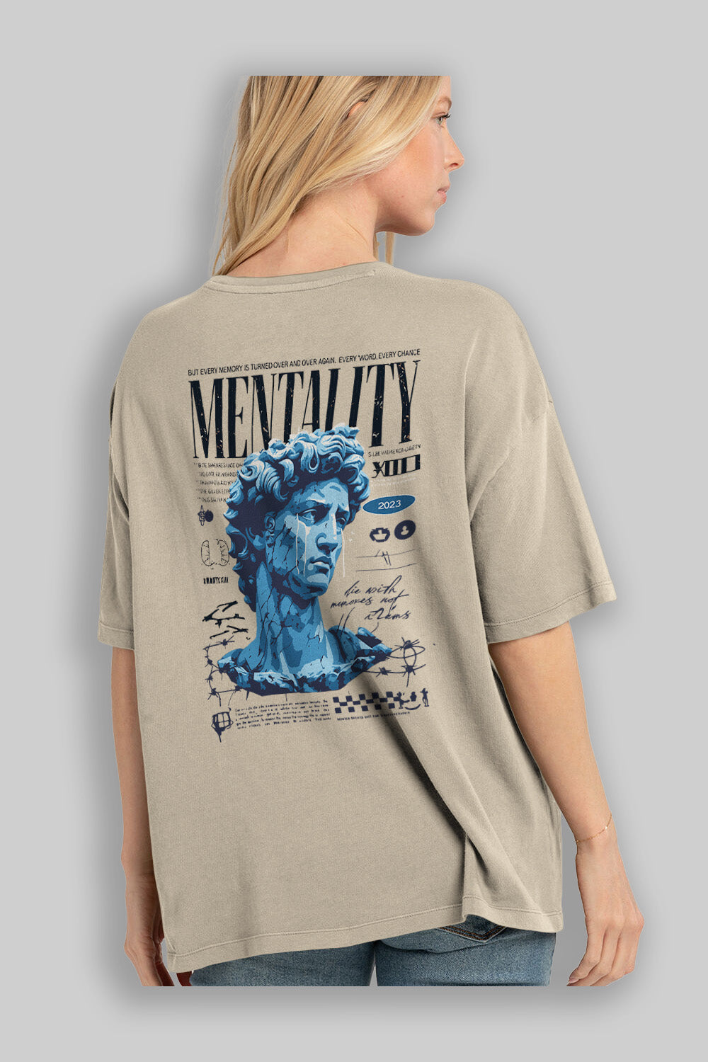 Mentality 2 Arka Baskılı Oversize t-shirt Erkek Kadın %100 Pamuk Bisiklet Yaka tişort