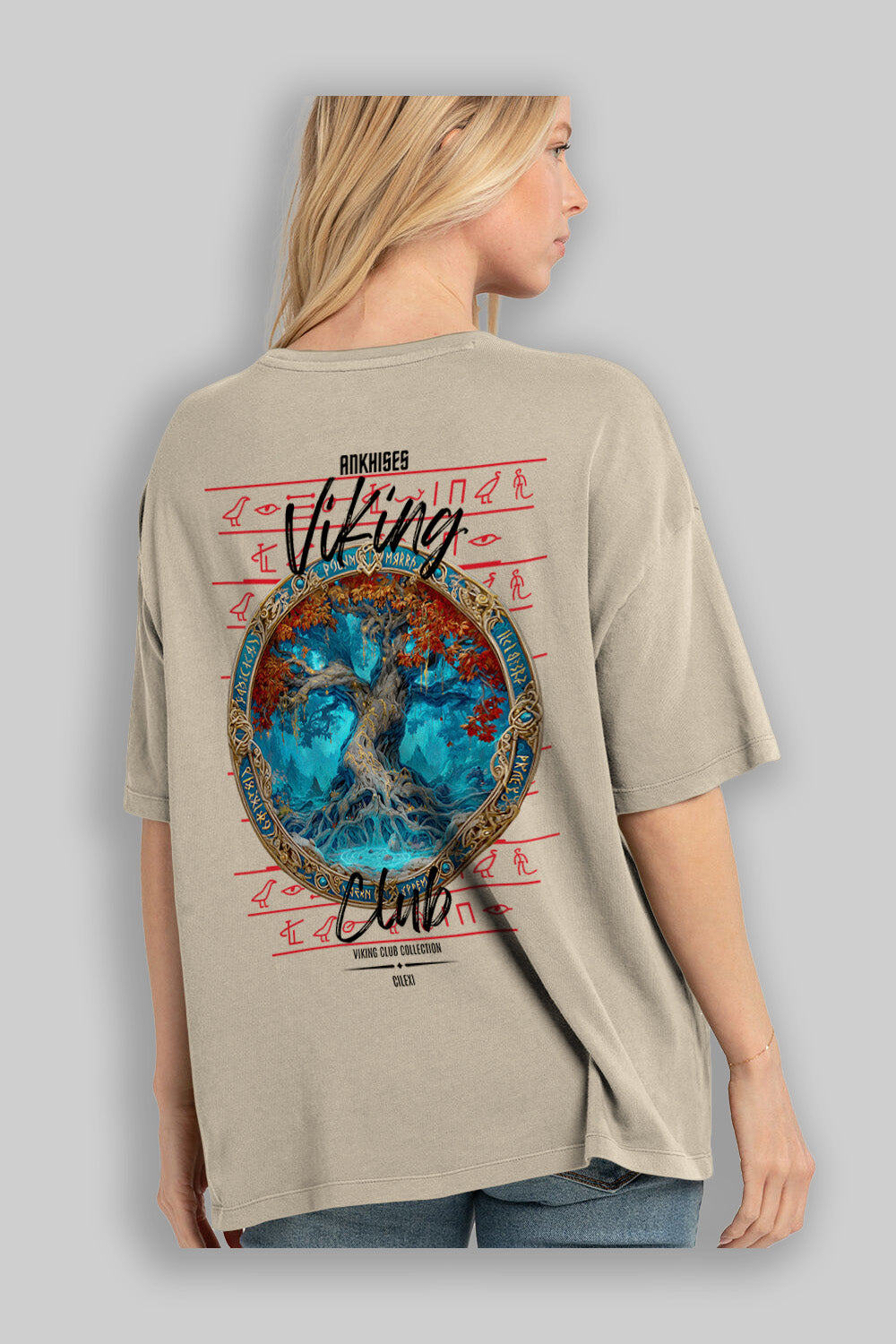Yggdrasil Arka Baskılı Oversize t-shirt Erkek Kadın %100 Pamuk Bisiklet Yaka tişort