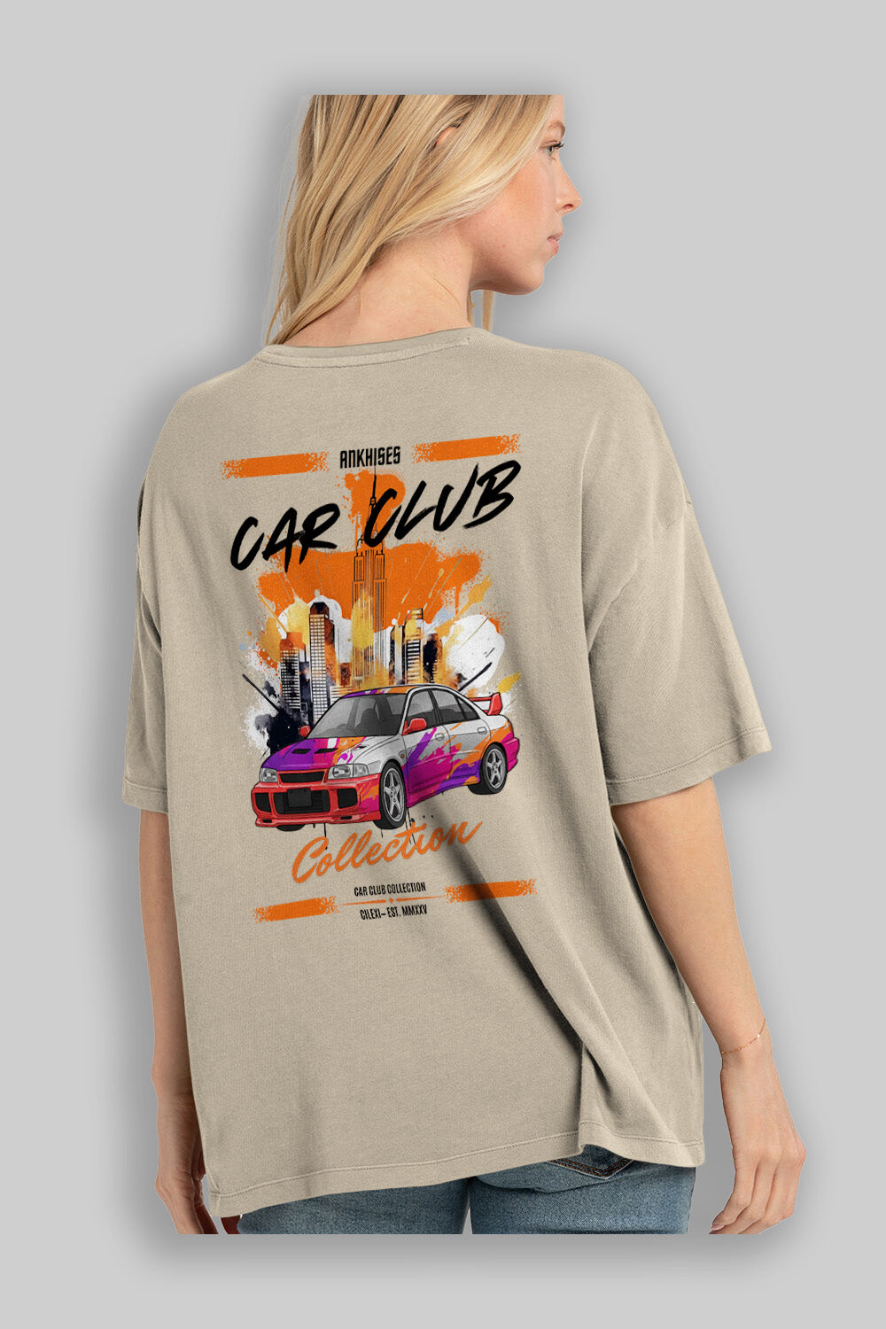 Araba Club Serisi 29 Baskılı Oversize t-shirt Erkek Kadın %100 Pamuk Bisiklet Yaka tişort