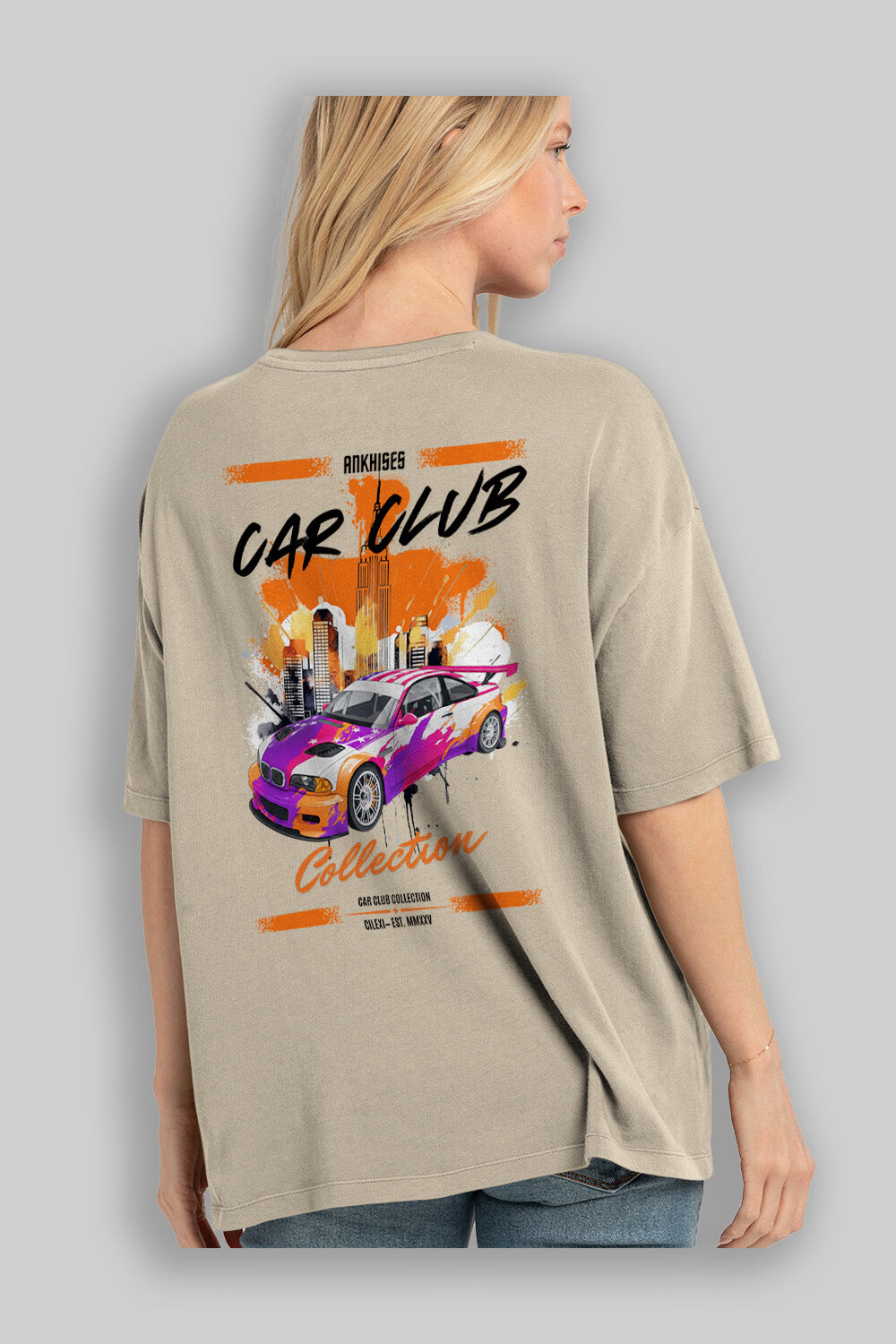 Araba Club Serisi 6 Baskılı Oversize t-shirt Erkek Kadın %100 Pamuk Bisiklet Yaka tişort