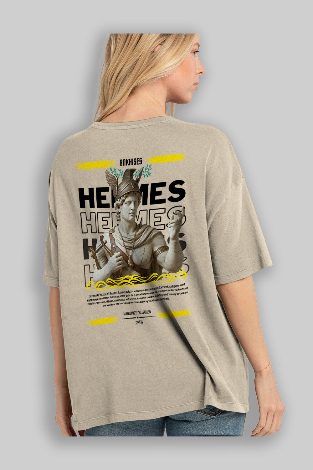 Hermes 2 Arka Baskılı Oversize t-shirt Erkek Kadın %100 Pamuk Bisiklet Yaka tişort