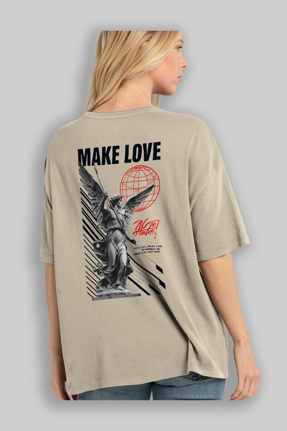 Make Love Arka Baskılı Oversize t-shirt Erkek Kadın %100 Pamuk Bisiklet Yaka tişort