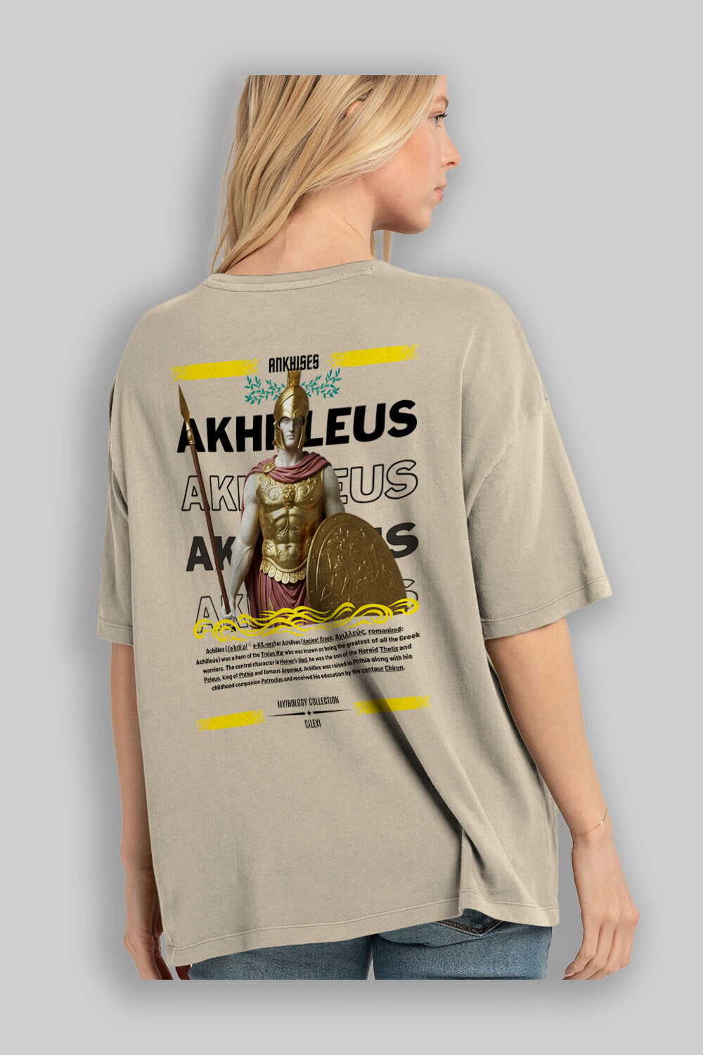 Akhilleus 1 Arka Baskılı Oversize t-shirt Erkek Kadın %100 Pamuk Bisiklet Yaka tişort