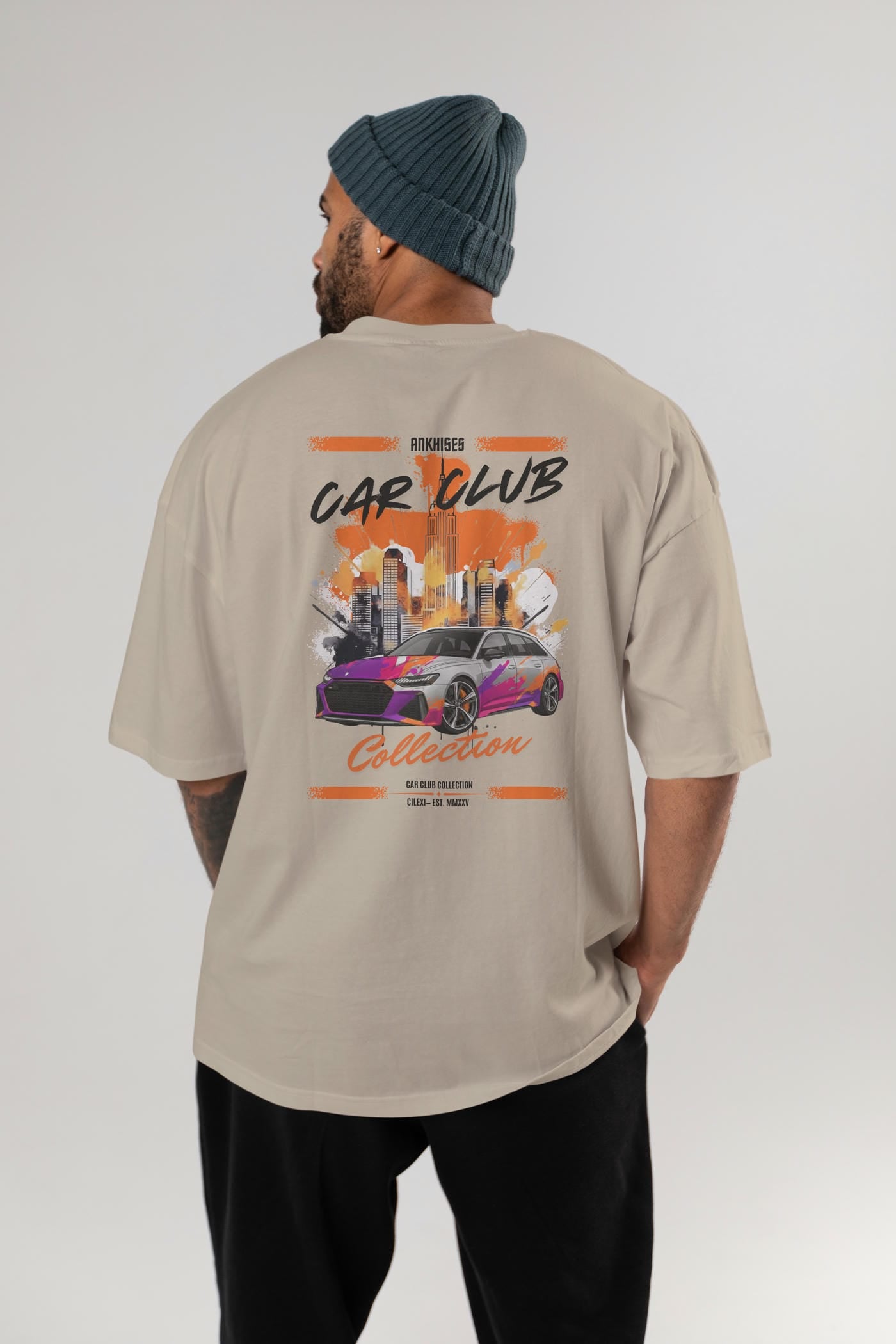 Araba Club Serisi 3 Baskılı Oversize t-shirt Erkek Kadın %100 Pamuk Bisiklet Yaka tişort