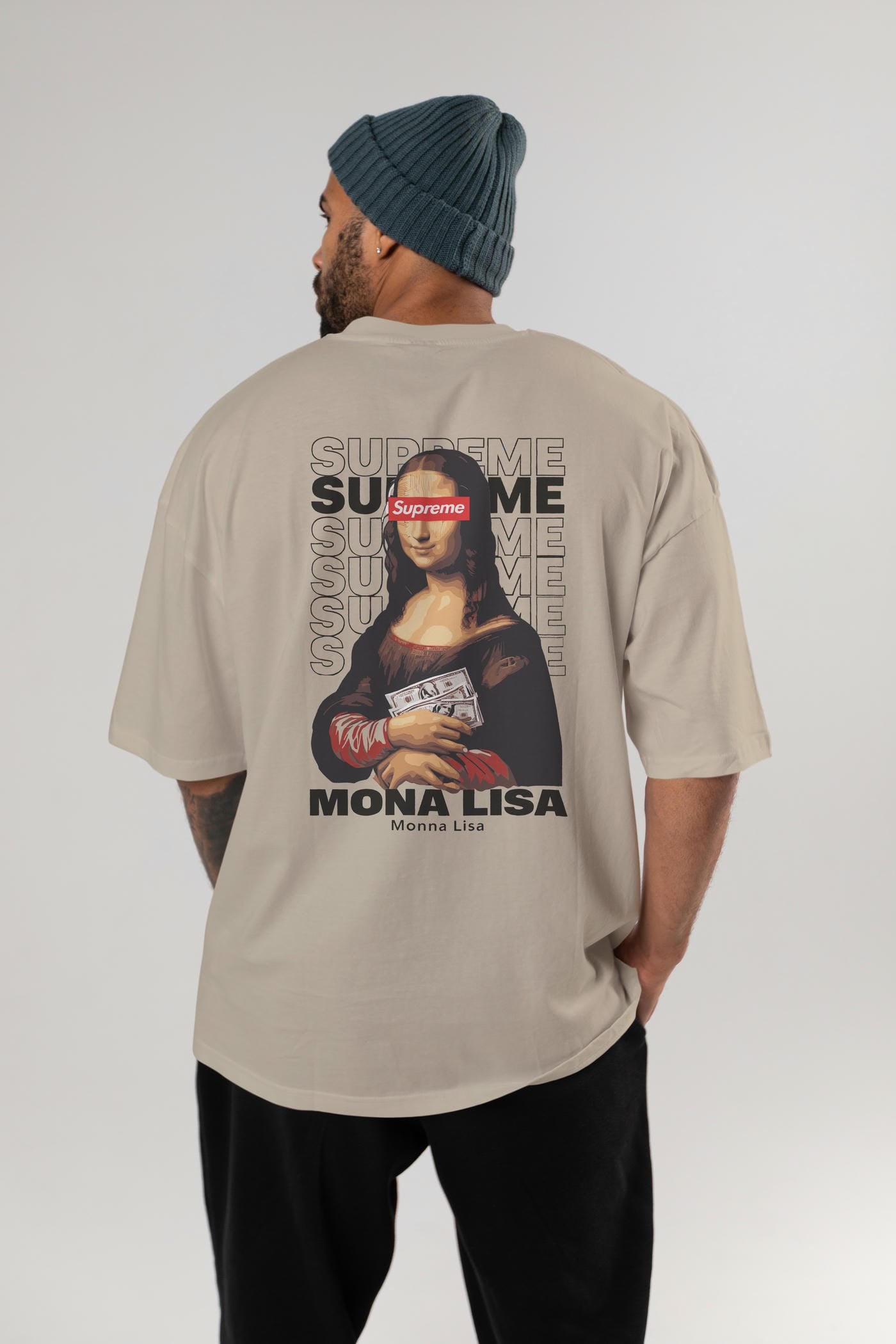 Mona Lisa Supreme Arka Baskılı Oversize t-shirt Erkek Kadın %100 Pamuk Bisiklet Yaka tişort