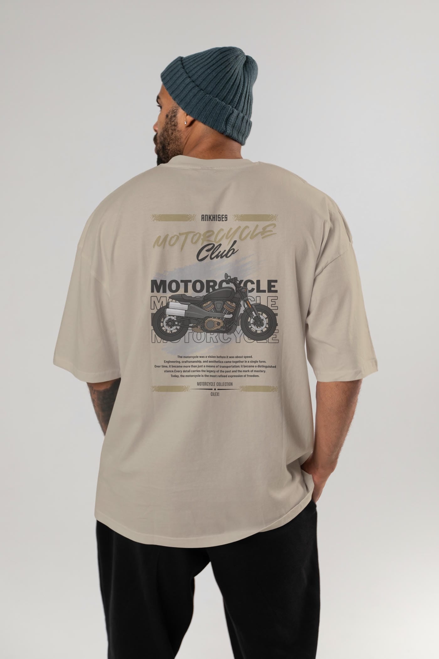 Motosiklet Serisi 29 Arka Baskılı Oversize t-shirt Erkek Kadın %100 Pamuk Bisiklet Yaka tişort