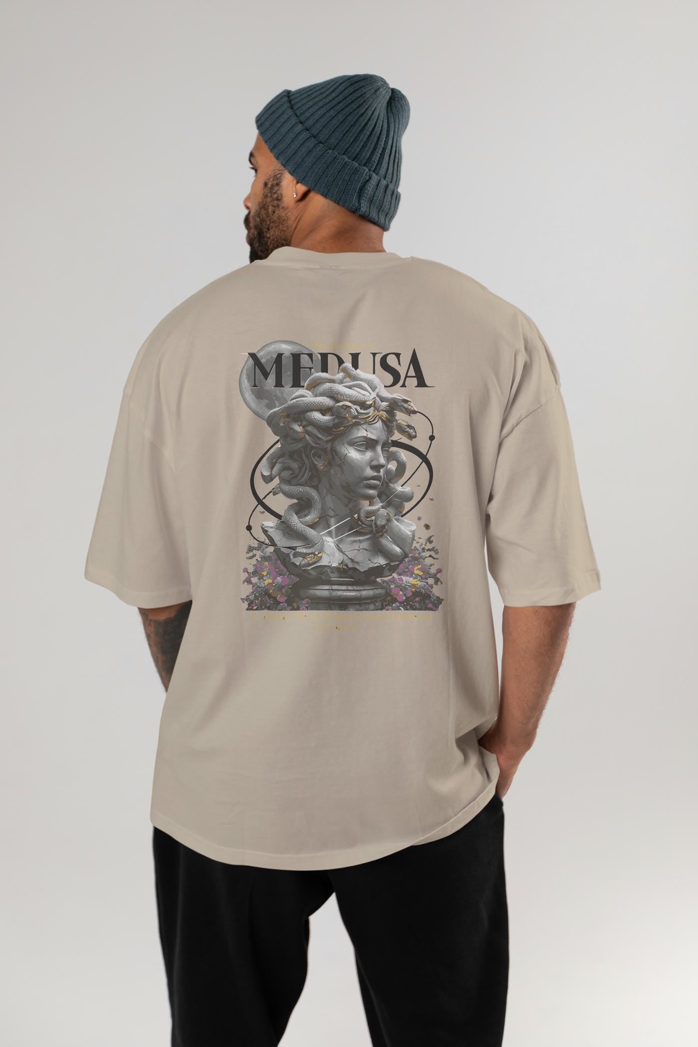 Medusa Arka Baskılı Oversize t-shirt Erkek Kadın %100 Pamuk Bisiklet Yaka tişort