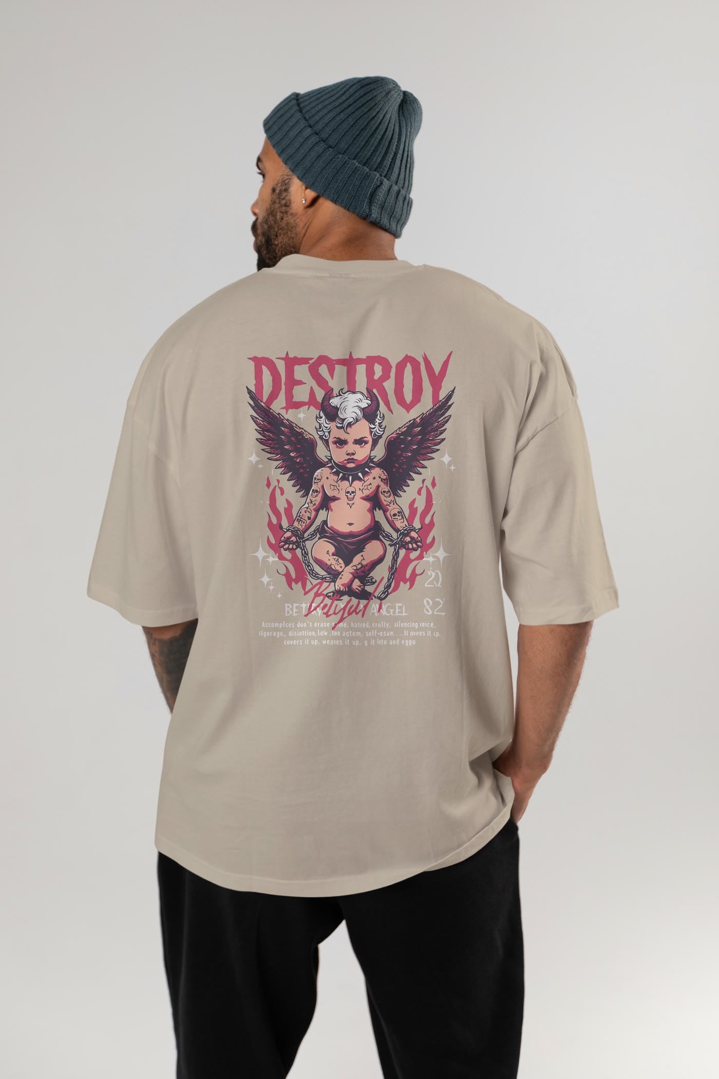 Destroy Arka Baskılı Oversize t-shirt Erkek Kadın %100 Pamuk Bisiklet Yaka tişort
