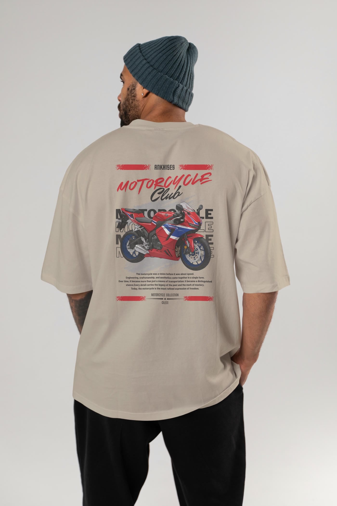 Motosiklet Serisi 24 Arka Baskılı Oversize t-shirt Erkek Kadın %100 Pamuk Bisiklet Yaka tişort
