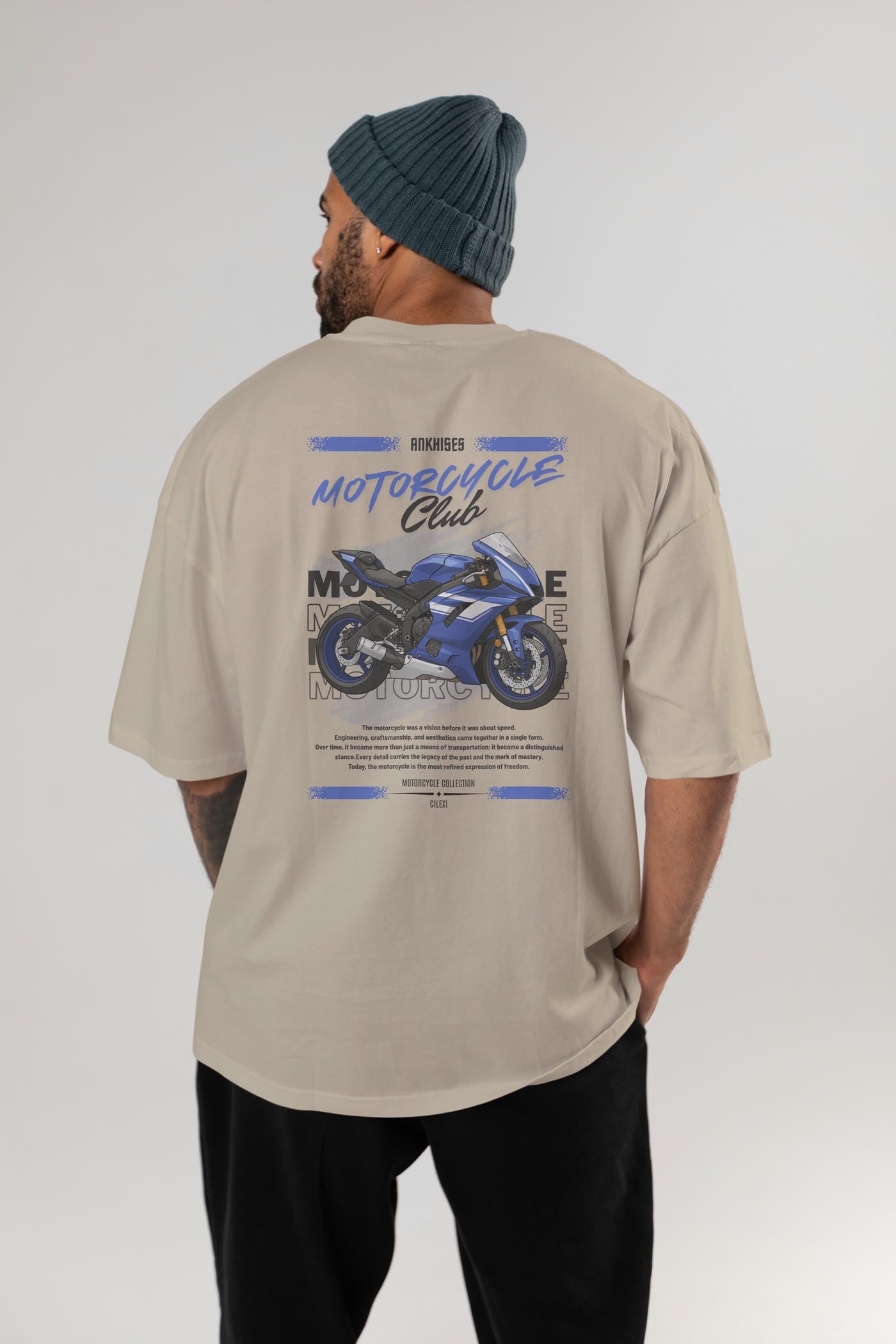 Motosiklet Serisi 32 Arka Baskılı Oversize t-shirt Erkek Kadın %100 Pamuk Bisiklet Yaka tişort