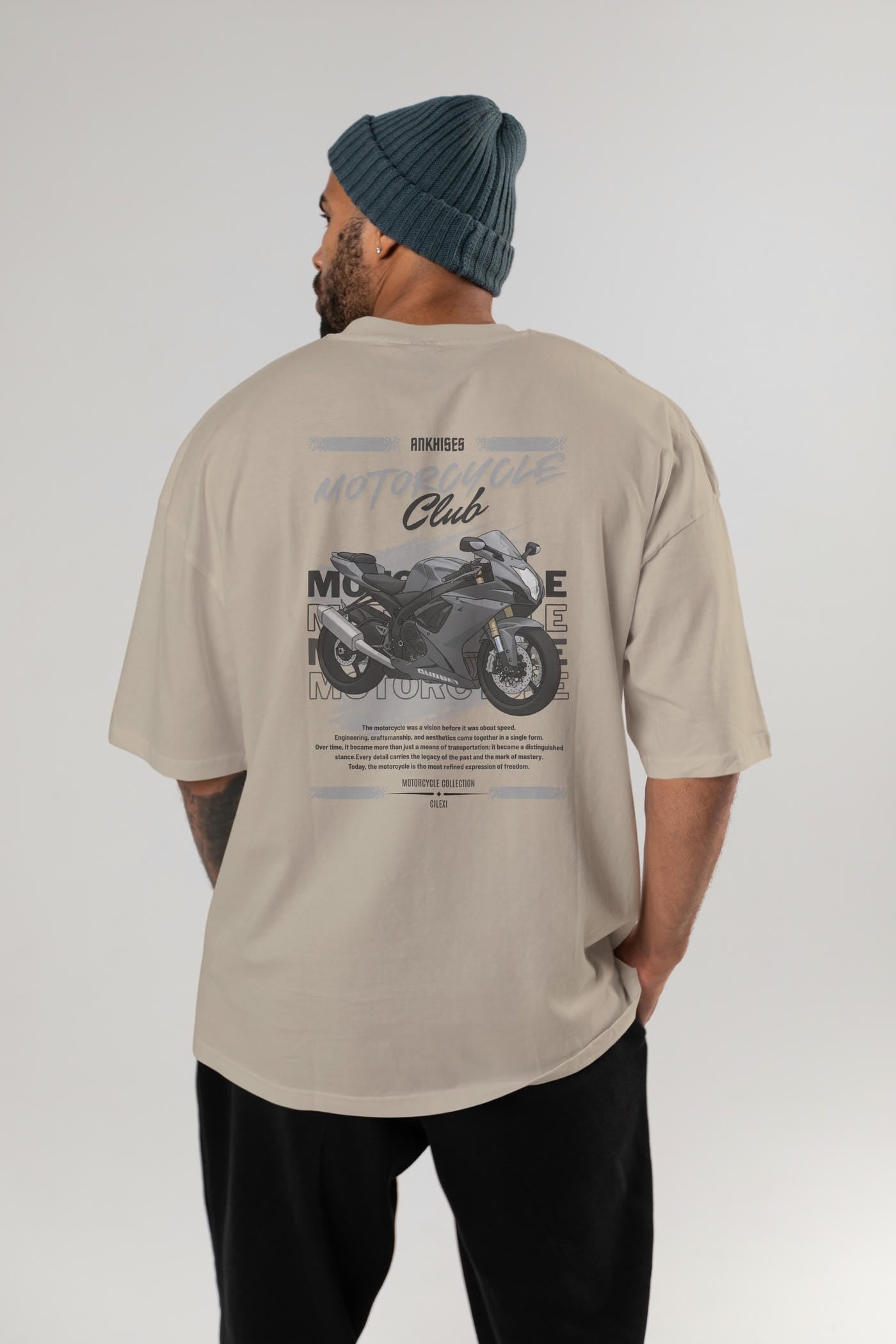 Motosiklet Serisi 10 Arka Baskılı Oversize t-shirt Erkek Kadın %100 Pamuk Bisiklet Yaka tişort